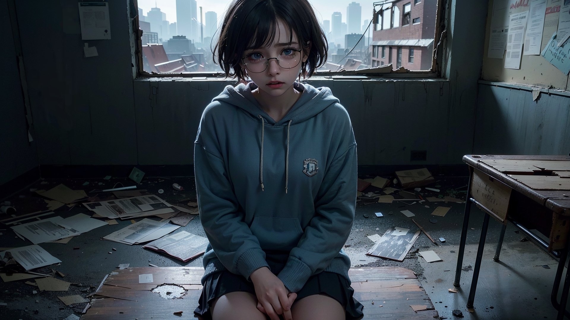 (masterpiece), best quality, high resolution, highly detailed, detailed background, perfect lighting,light blue eyes, medium breasts, cinematic, movie, The student council girl with glasses and short hair in a red hoodie crying (((sitting and crying inside an abandoned old school class table with broken windows))), (((minimal light, dark moody atmosphere, cinematic,urban landscape))),Makeup