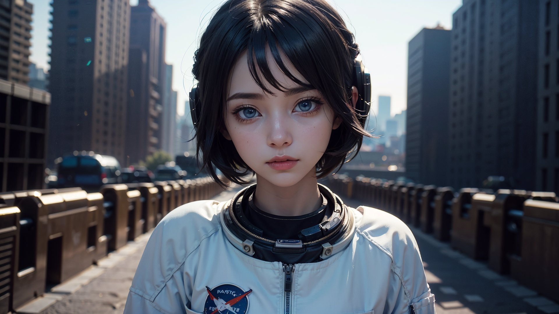 (masterpiece), best quality, high resolution, highly detailed, detailed background, perfect lighting,light blue eyes, medium breasts,cinematic, movie, The student council girl with short hair and in a full astronaut suit in the desert with city in the background, minimal light, dark atmosphere, cinematic, Makeup,urban techwear, ((half body)) (((wide angle shot Anamorphic)))