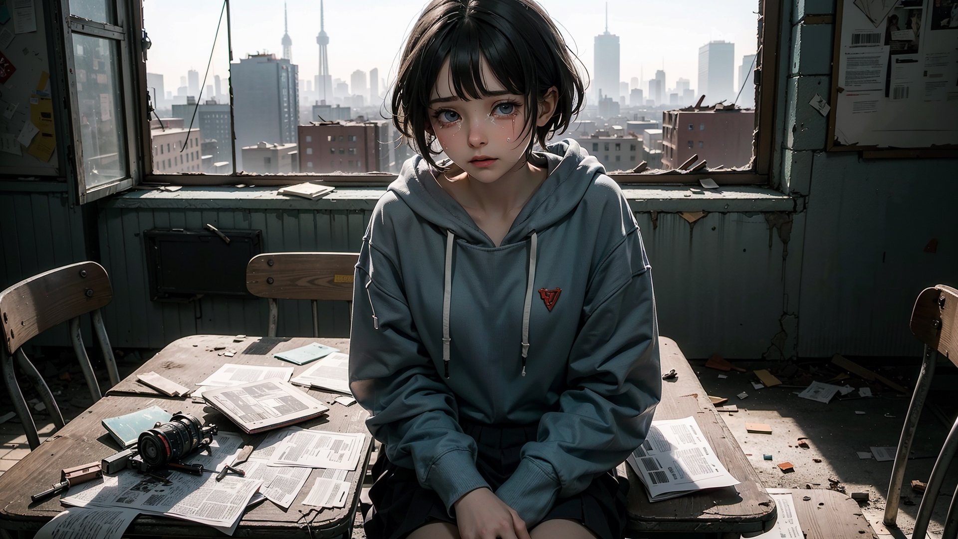 (masterpiece), best quality, high resolution, highly detailed, detailed background, perfect lighting,light blue eyes, medium breasts, cinematic, movie, The student council girl with glasses and short hair in a red hoodie crying (((sitting and crying inside an abandoned old school class table with broken windows looking outside at the distroyed abandoned soviet city))), minimal light, dark moody atmosphere, cinematic,urban, landscape, large view of the city in the background,