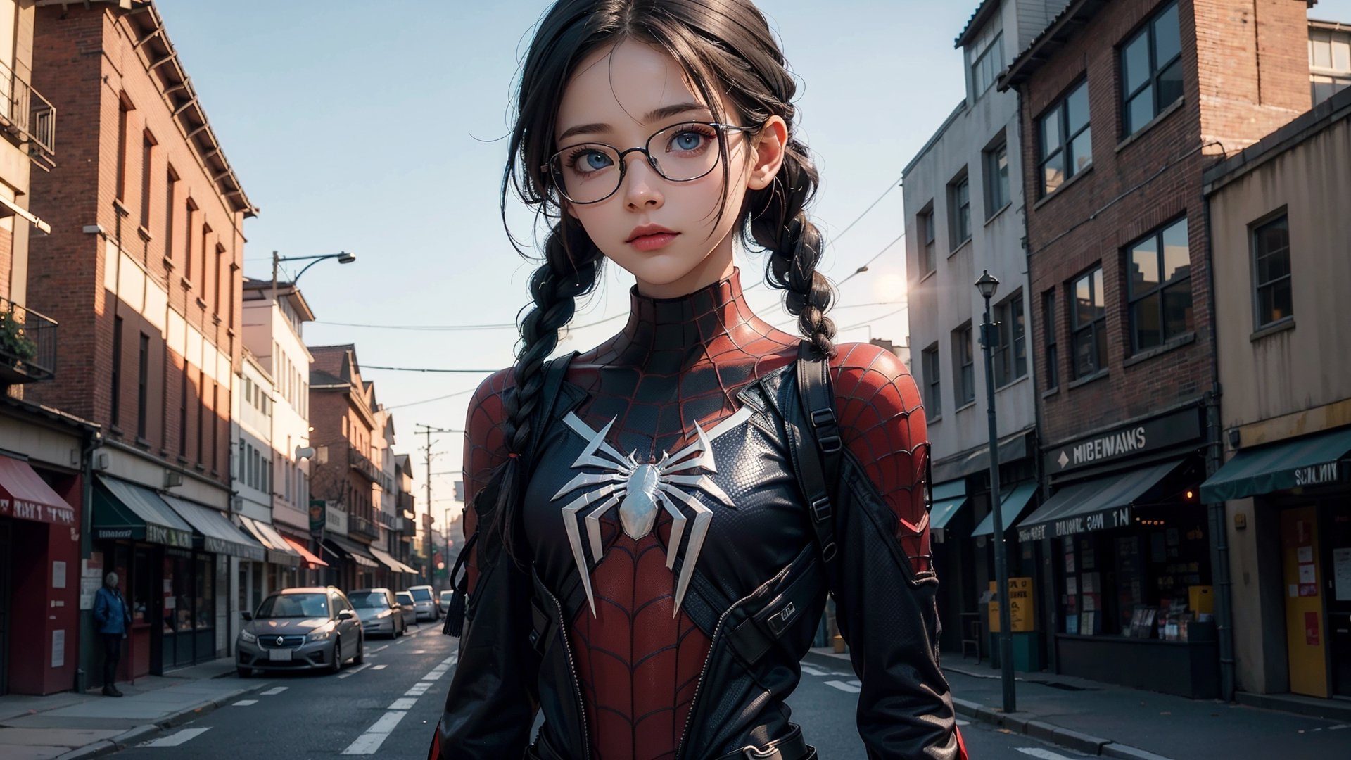 (masterpiece), best quality, high resolution, highly detailed, detailed background, perfect lighting,light blue eyes, medium breasts,cinematic, movie, The student council girl with glasses and twin braids on a city street at sunset ,Makeup,spider-man costume,urban techwear, landscape, wide angle photo