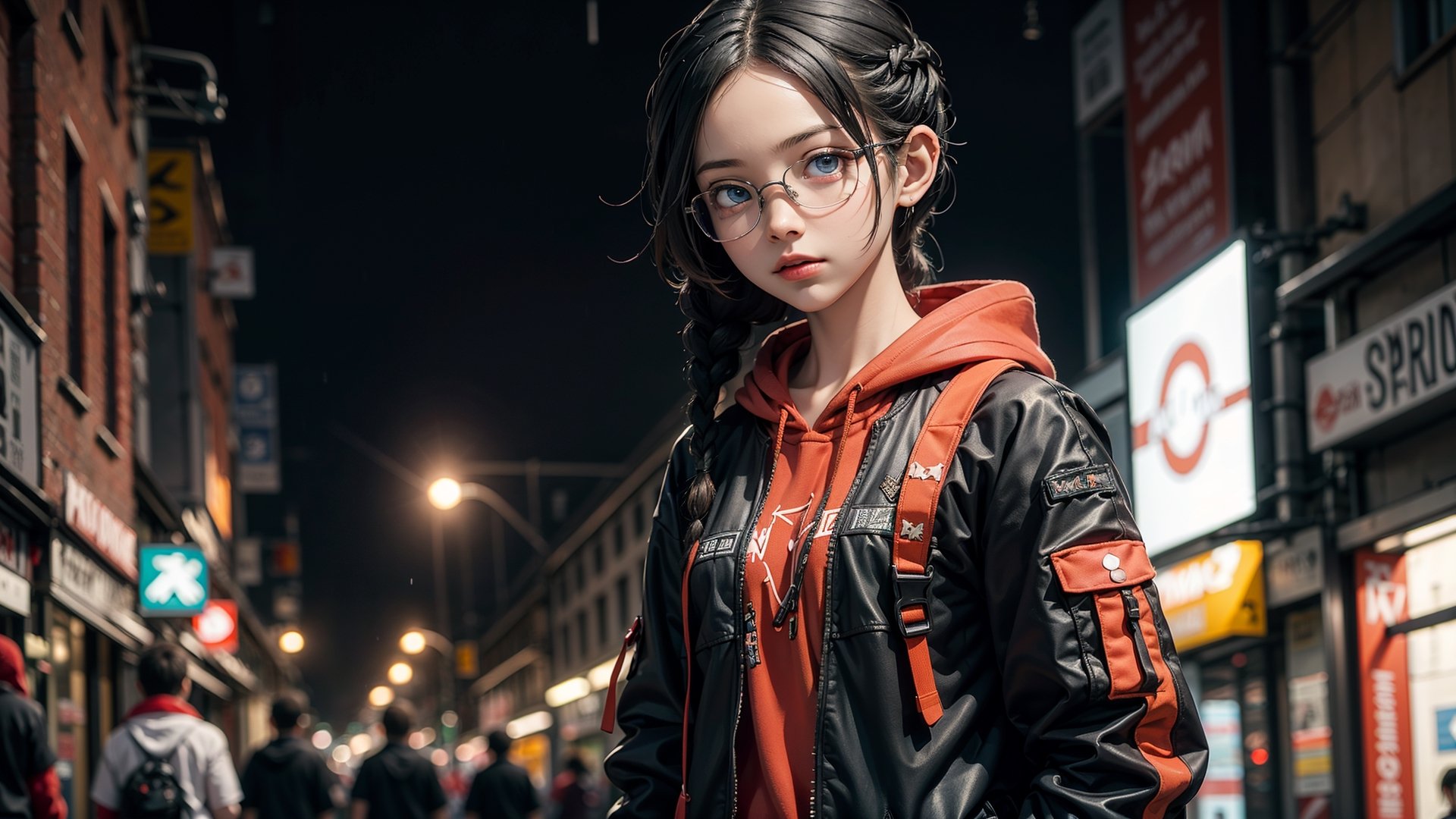 (masterpiece), best quality, high resolution, highly detailed, detailed background, perfect lighting,light blue eyes, medium breasts,cinematic, movie, The student council girl with glasses and twin braids on a rainy busy city street with red hoodie on , portrait,Makeup,spider-man costume,urban techwear, landscape, wide angle photo, reflections, nomask