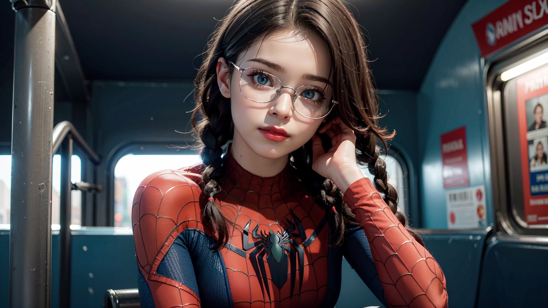 (masterpiece), best quality, high resolution, highly detailed, detailed background, perfect lighting,light blue eyes, medium breasts, The student council girl with glasses and twin braids sitting inside a new york city subway, posing,Makeup,spider-man costume,