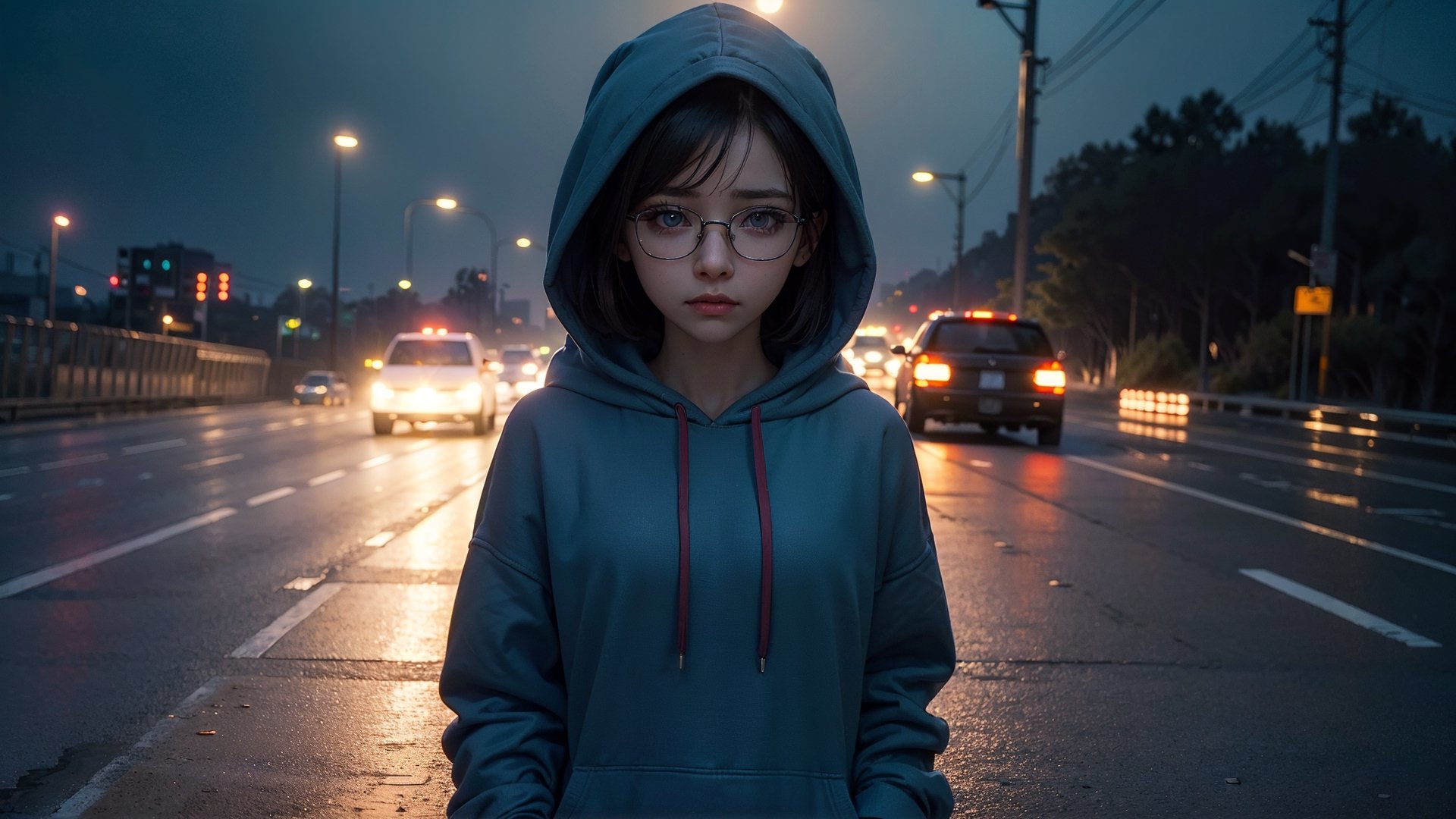 (masterpiece), best quality, high resolution, highly detailed, detailed background, perfect lighting,light blue eyes, medium breasts, cinematic, movie, The student council girl with glasses and short hair in a ((red hoodie)) crying (((on a highway in los angeles at night))), (((minimal light, dark moody atmosphere, cinematic,urban landscape))),Makeup