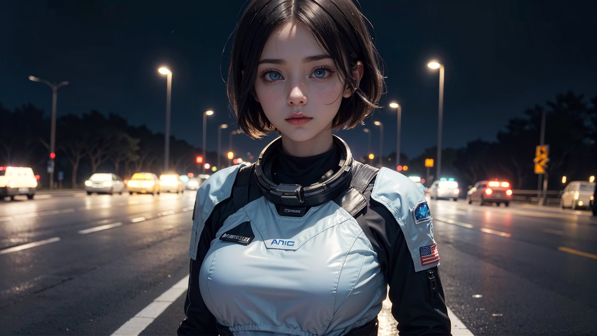 (masterpiece), best quality, high resolution, highly detailed, detailed background, perfect lighting,light blue eyes, medium breasts,cinematic, movie, The student council girl with short hair and in a full astronaut suit on a highway at night with city in the background, minimal light, dark atmosphere, cinematic, Makeup,urban techwear, ((half body)) (((wide angle shot Anamorphic)))