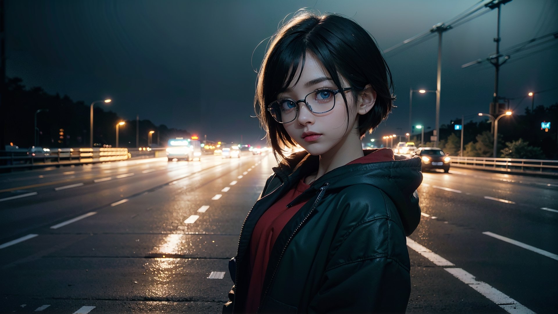 (masterpiece), best quality, high resolution, highly detailed, detailed background, perfect lighting,light blue eyes, medium breasts, cinematic, movie, The student council girl with glasses and short hair in a red hoodie looking over the shoulder (((on a highway at night with city in the background))), (((minimal light, dark moody atmosphere, cinematic,urban landscape))),Makeup,Enhance