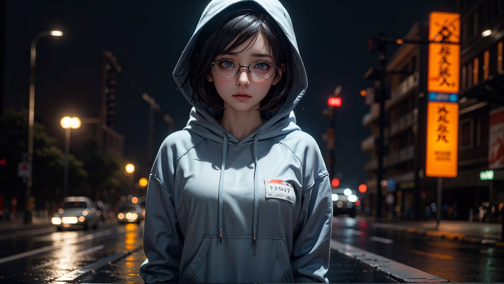 (masterpiece), best quality, high resolution, highly detailed, detailed background, perfect lighting,light blue eyes, medium breasts,cinematic, movie, The student council girl with glasses and short hair in a RED hoodie crying on a highway at night in the rain, dark atmosphere, cinematic, Makeup,urban techwear, ((half body)) (((wide angle shot)))