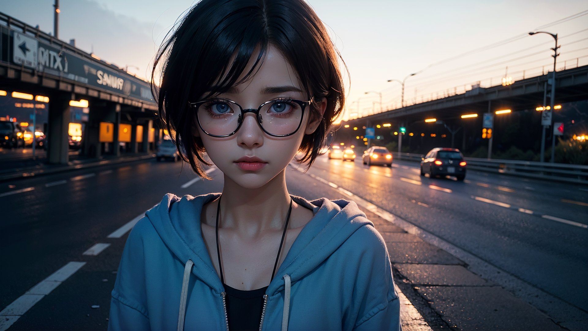 (masterpiece), best quality, high resolution, highly detailed, detailed background, perfect lighting,light blue eyes, medium breasts, cinematic, movie, The student council girl with glasses and short hair in a red hoodie crying (((on a highway in los angeles at night))), (((minimal light, dark moody atmosphere, cinematic,urban landscape))),Makeup