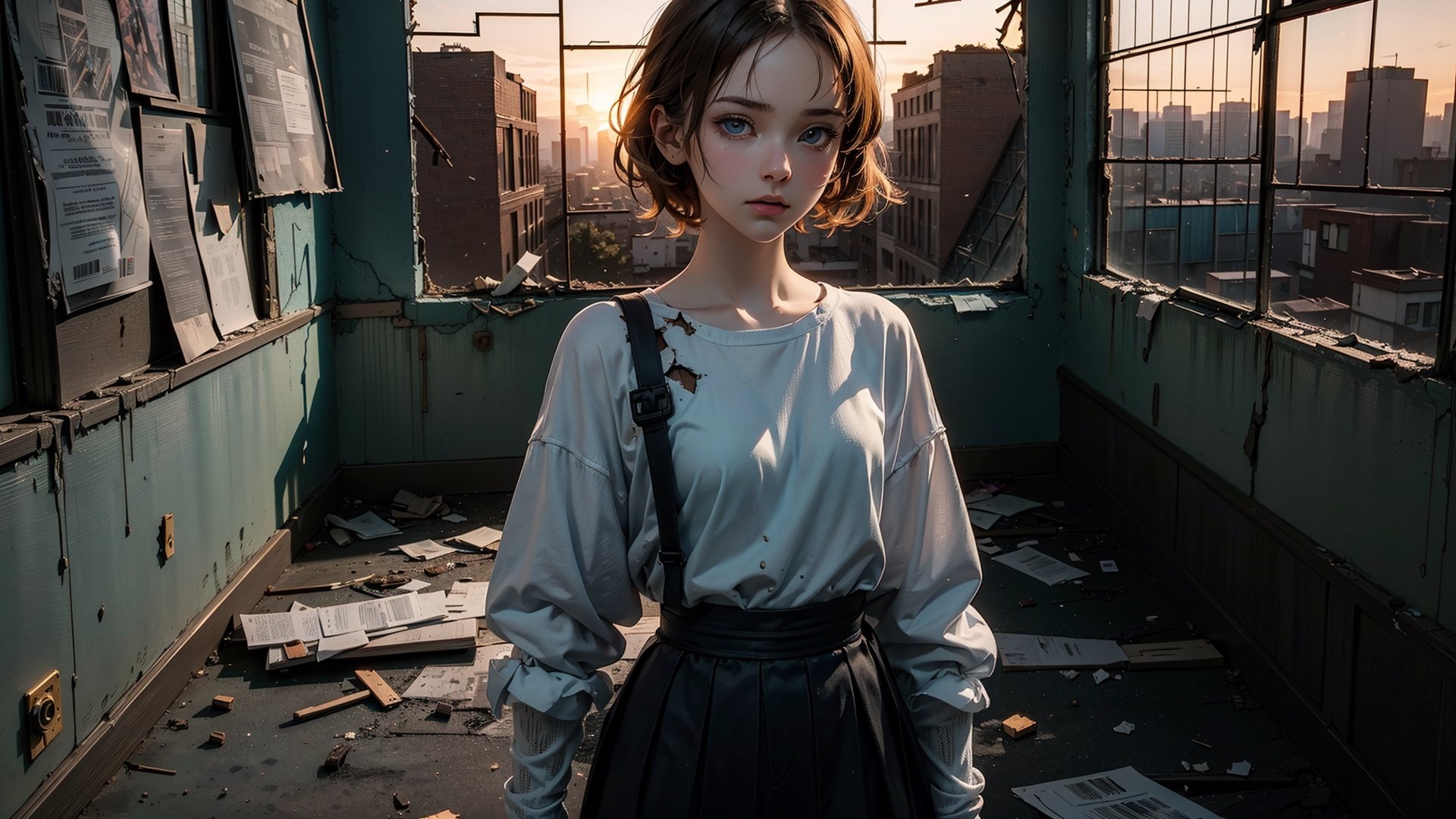 (masterpiece), best quality, high resolution, highly detailed, detailed background, perfect lighting,light blue eyes, medium breasts, cinematic, movie, (((inside an abandoned big old school with broken windows))), minimal light, moody atmosphere, cinematic,urban, landscape, sunset, golden hour