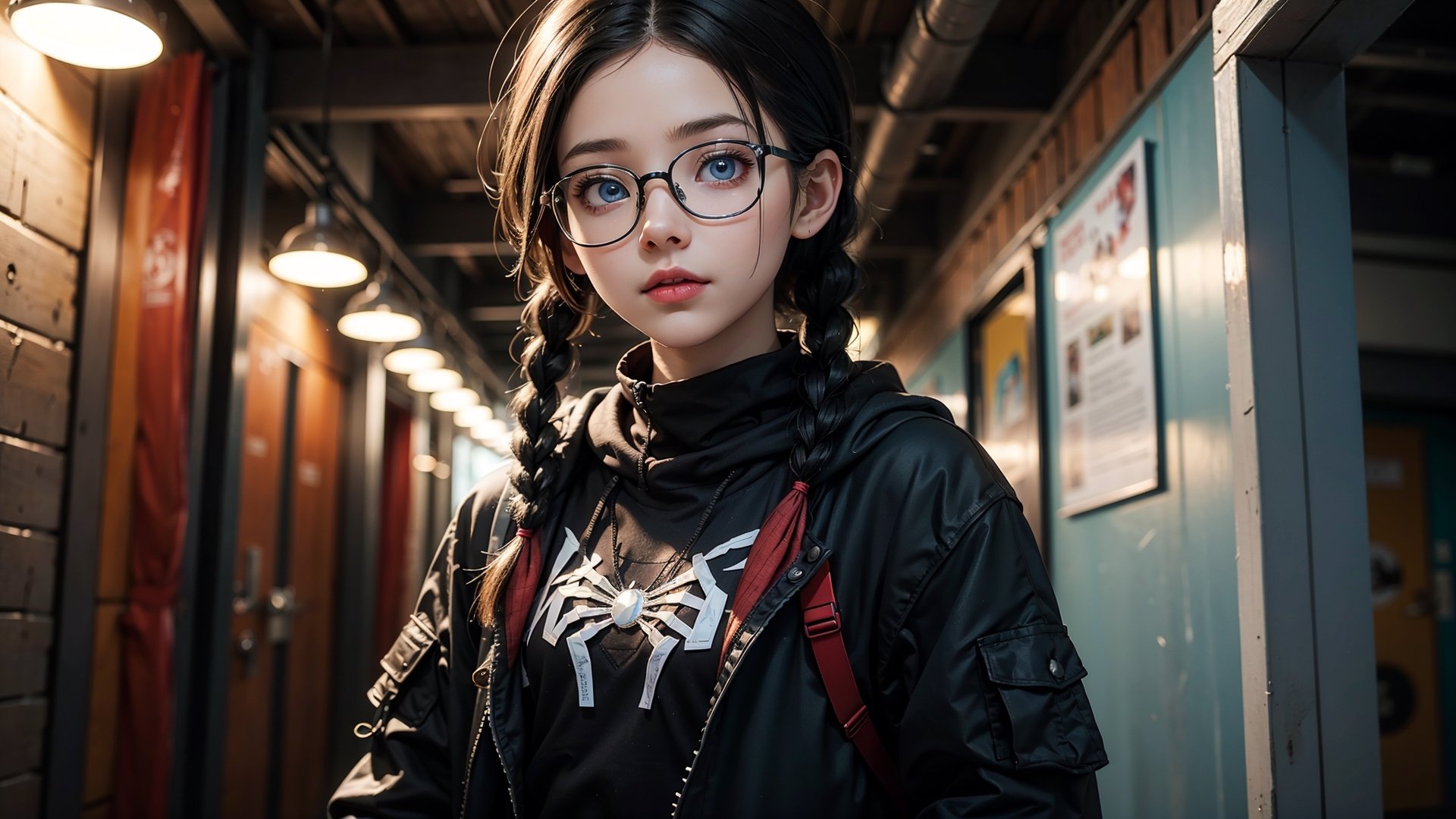 (masterpiece), best quality, high resolution, highly detailed, detailed background, perfect lighting,light blue eyes, medium breasts,cinematic, movie, The student council girl with glasses and twin braids in Pripyat in winter ,Makeup,spider-man costume,urban techwear