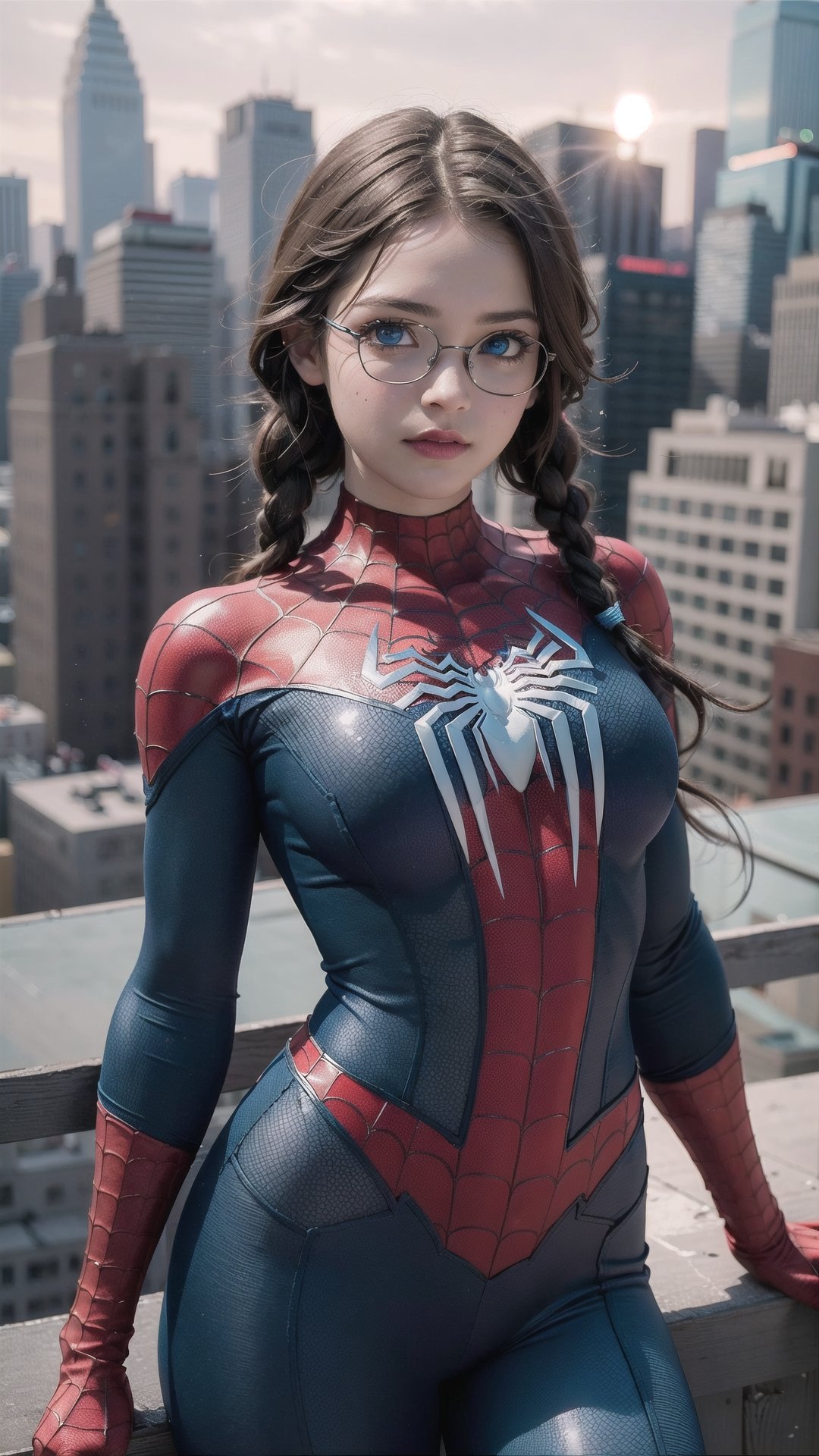 The student council girl with glasses, twin braids, light blue eyes, medium breasts, {{{light blue eyes}}}, {{{big eyes}}}, {{{, spider-man_(cosplay)} } }, {{{very high leg leotard}}}, long sleeve, red groves, spider print, spider web print, self_shot, on a rooftop in new york city at sunset (((eyes details))),wearing spiderwoman_cosplay_outfit,black and white outfit,spider-man costume,photo of perfect eyes