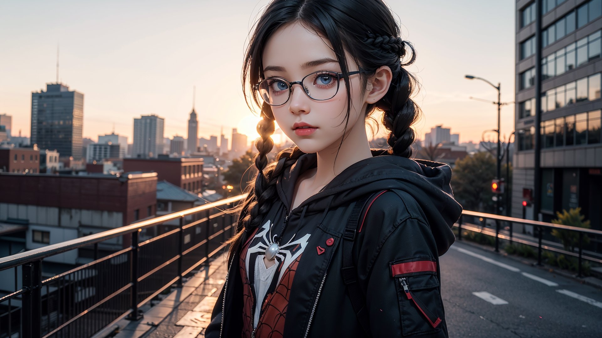 (masterpiece), best quality, high resolution, highly detailed, detailed background, perfect lighting,light blue eyes, medium breasts,cinematic, movie, The student council girl with glasses and twin braids on a city street at sunset with hood on ,Makeup,spider-man costume,urban techwear, landscape, wide angle photo