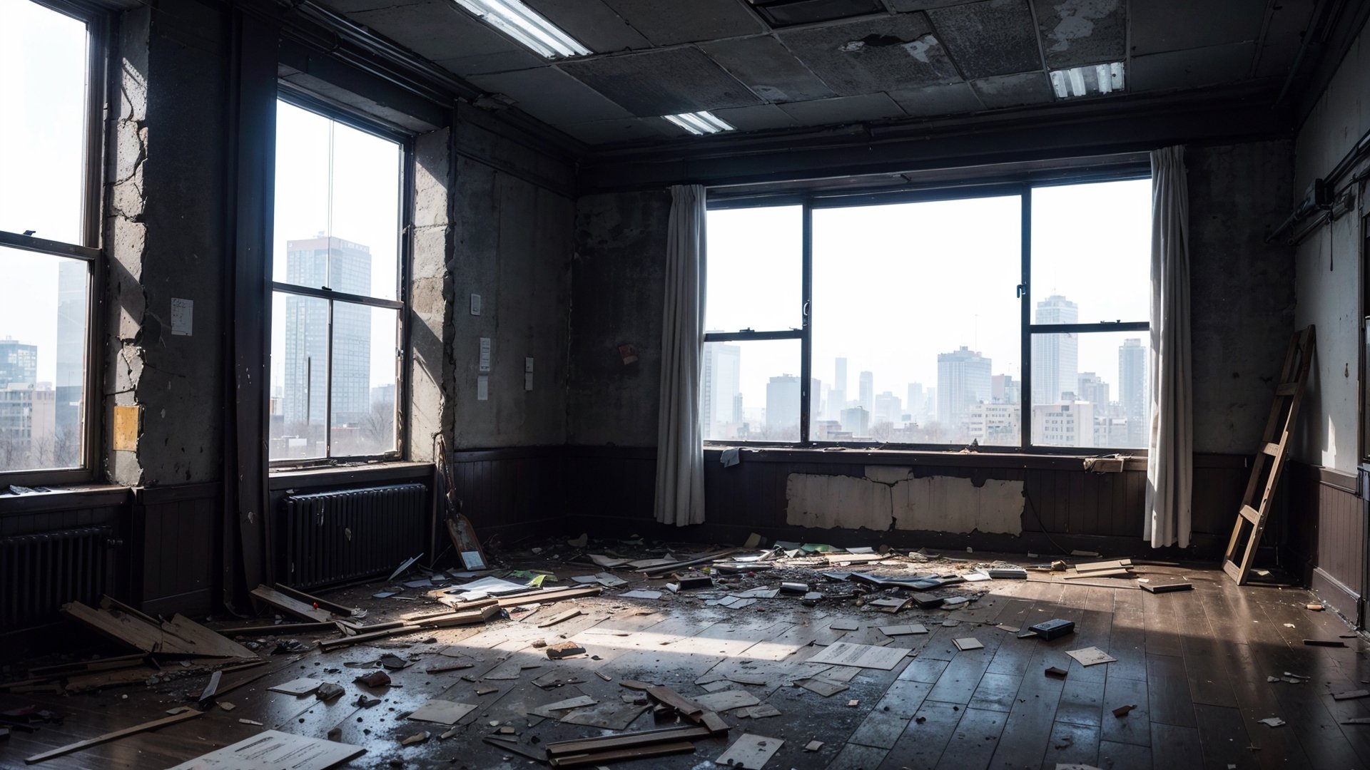 (masterpiece), best quality, high resolution, highly detailed, detailed background, perfect lighting,cinematic, movie, minimal light, dark atmosphere, cinematic,urban, abandoned old school class with broken windows in the winter