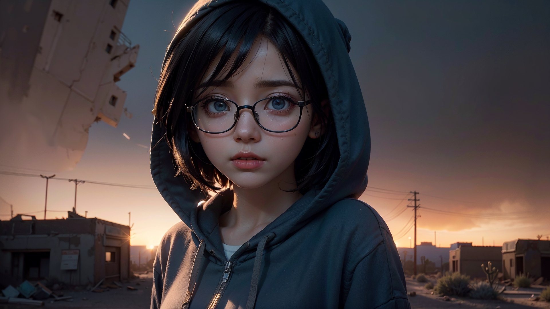 (masterpiece), best quality, high resolution, highly detailed, detailed background, perfect lighting,light blue eyes, medium breasts, cinematic, movie, The student council girl with glasses and short hair in a red hoodie crying (((old abandoned desert city))), (((minimal light, dark moody atmosphere, cinematic,urban landscape))),Makeup