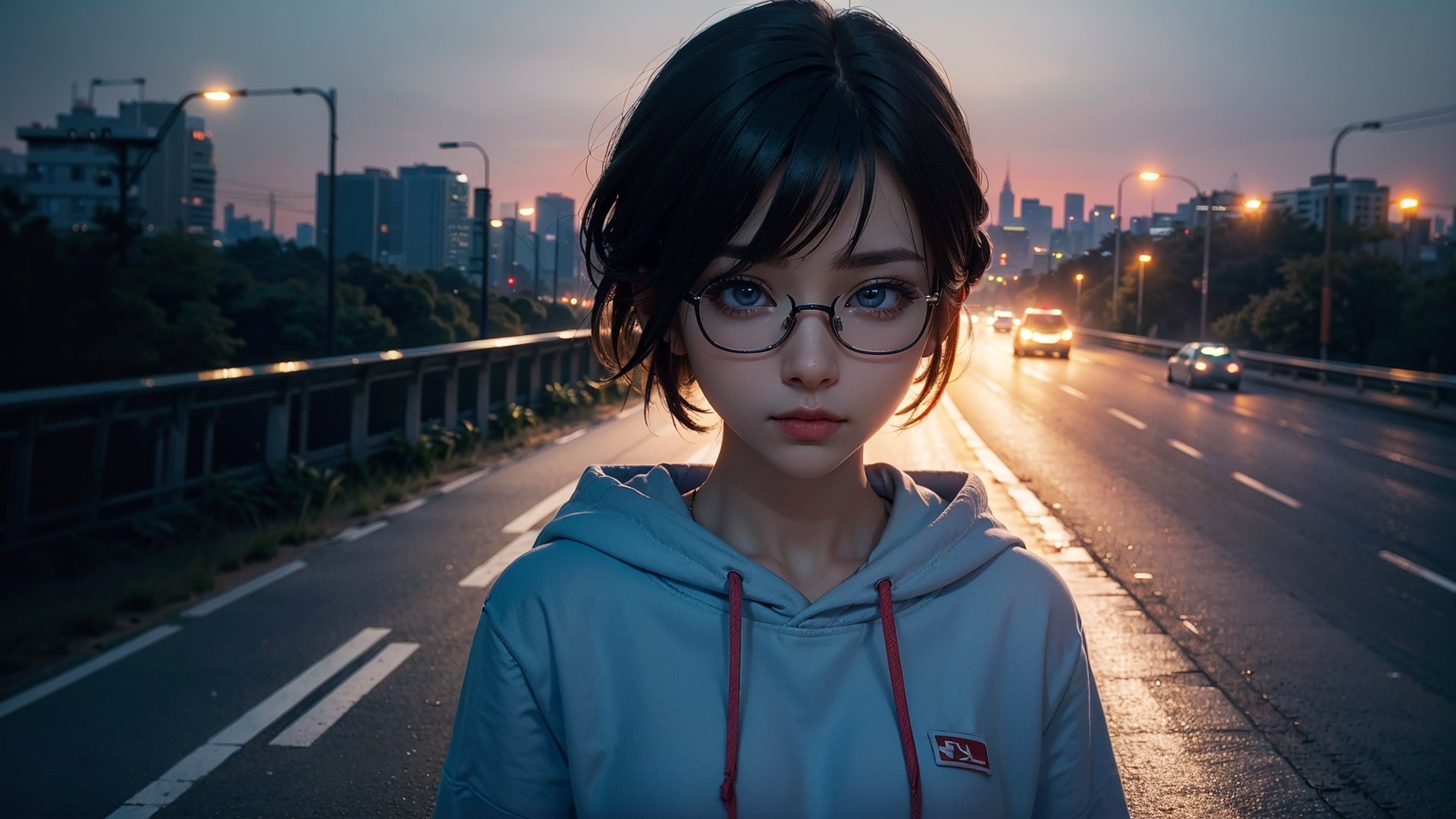 (masterpiece), best quality, high resolution, highly detailed, detailed background, perfect lighting,light blue eyes, medium breasts, cinematic, movie, The student council girl with glasses and short hair in a red hoodie (((on a highway at night with city in the background))), (((minimal light, dark moody atmosphere, cinematic,urban landscape))),Makeup,Enhance