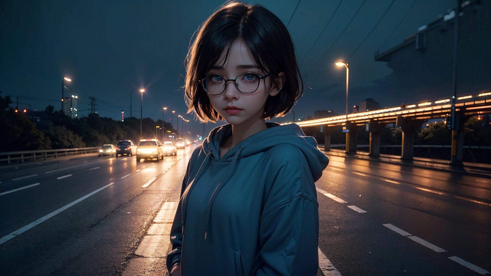 (masterpiece), best quality, high resolution, highly detailed, detailed background, perfect lighting,light blue eyes, medium breasts, cinematic, movie, The student council girl with glasses and short hair in a red hoodie crying (((on a highway at night with city in the background))), (((minimal light, dark moody atmosphere, cinematic,urban landscape))),Makeup