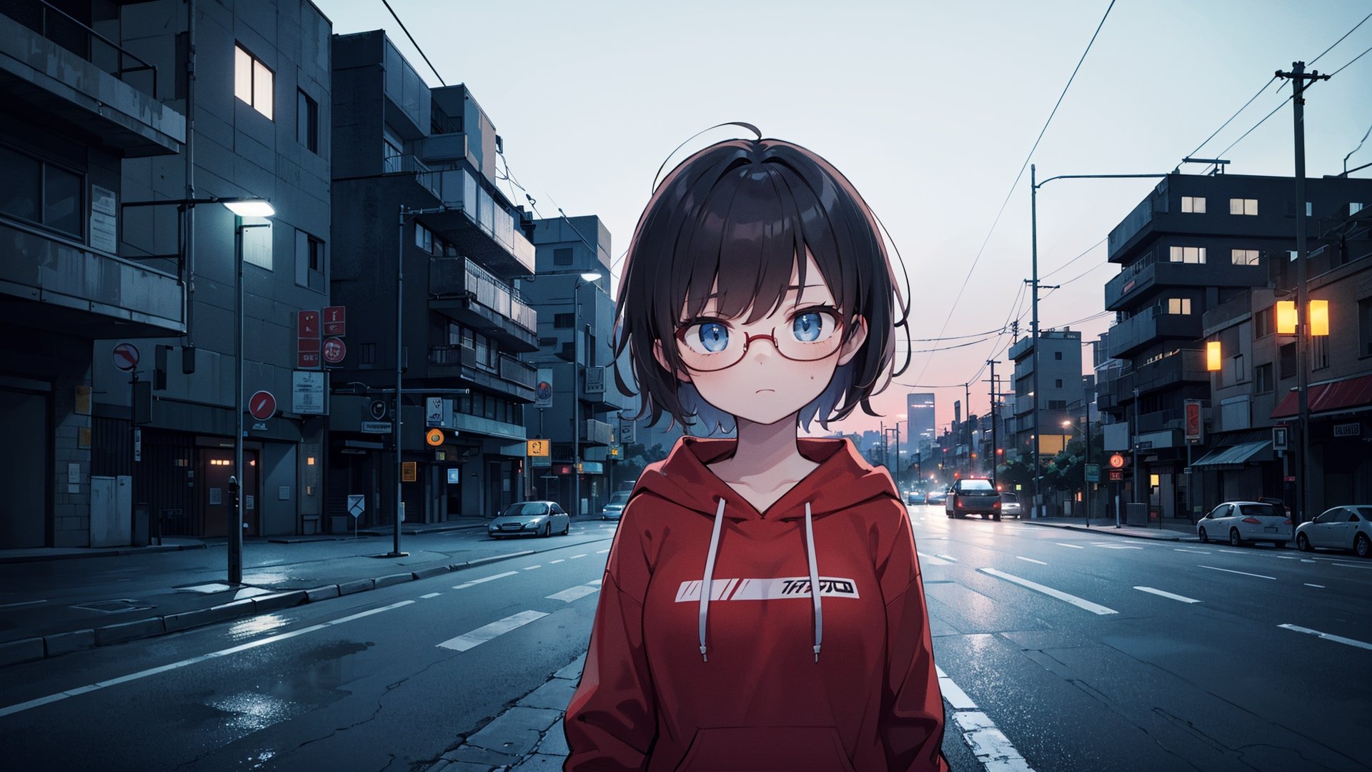 (masterpiece), best quality, high resolution, highly detailed, detailed background, perfect lighting, light blue eyes, medium breasts, cinematic, movie, The student council girl with glasses and brunette short hair in a red hoodie (((on a highway at night with city in the background))), (((minimal light, dark moody atmosphere, cinematic, urban landscape))),holographic interface