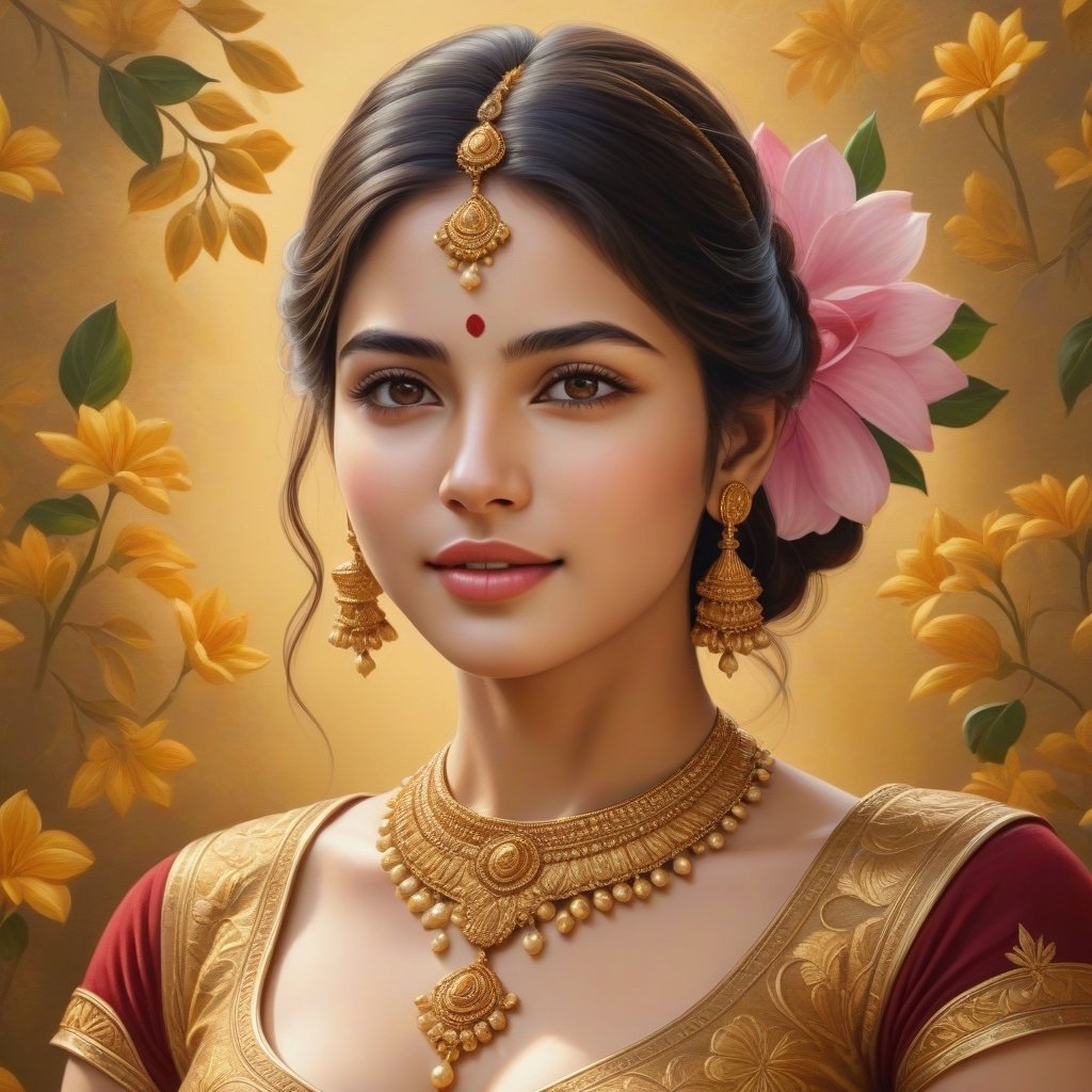 Realistic North Indian Women wearing only gold jewellery, Flower  Texture art Background on Oil Painting , 4K Quality, 8k ultra HD