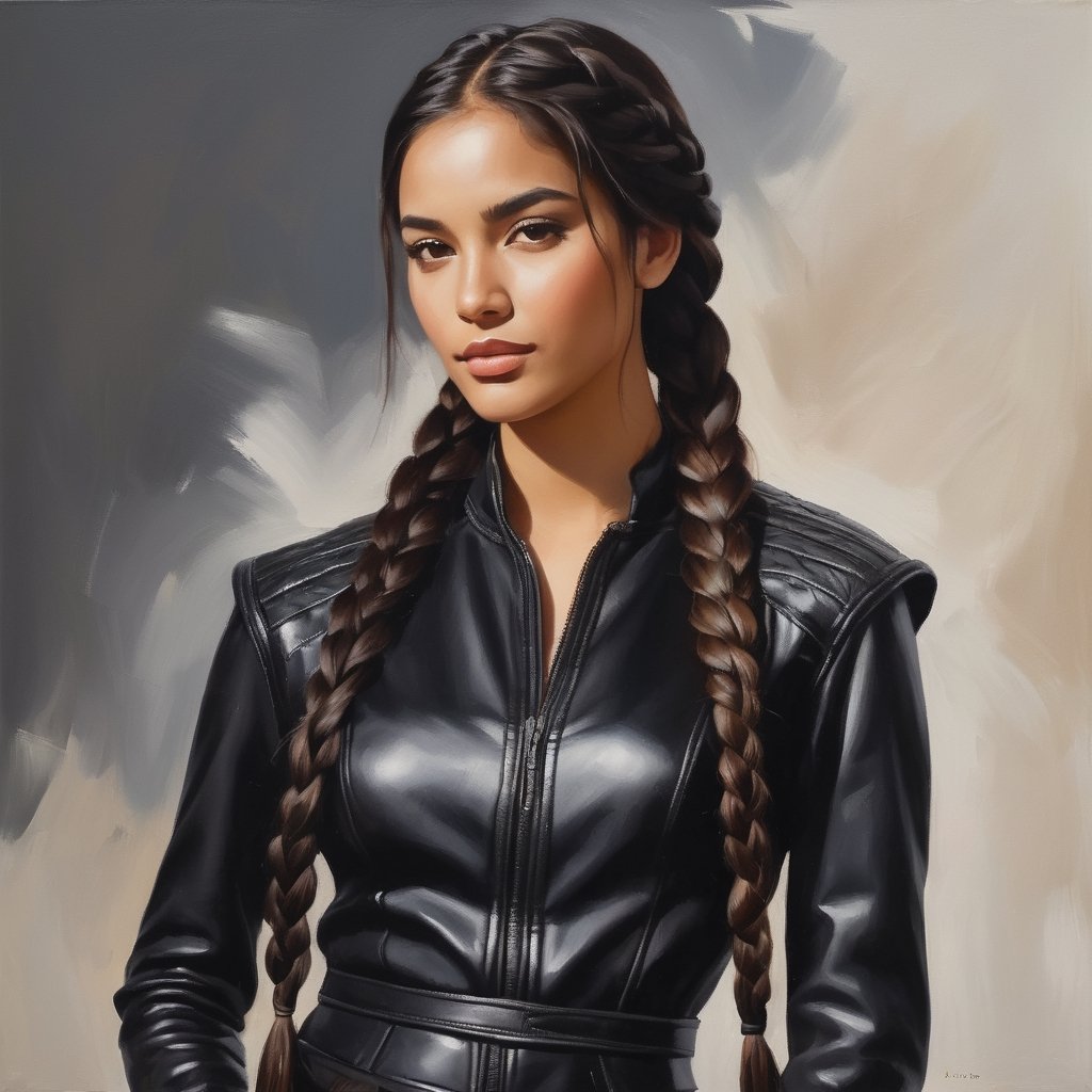 oil painting of a woman with long hair wearing black leather clothes ,her hair in  a simple loose braid,(((brown skin))) still from the google design, 834779519, characters merged, (((((long black hair in s ,braid))))photo of young woman in black leather clothes, plain background , beautiful doe eyes,