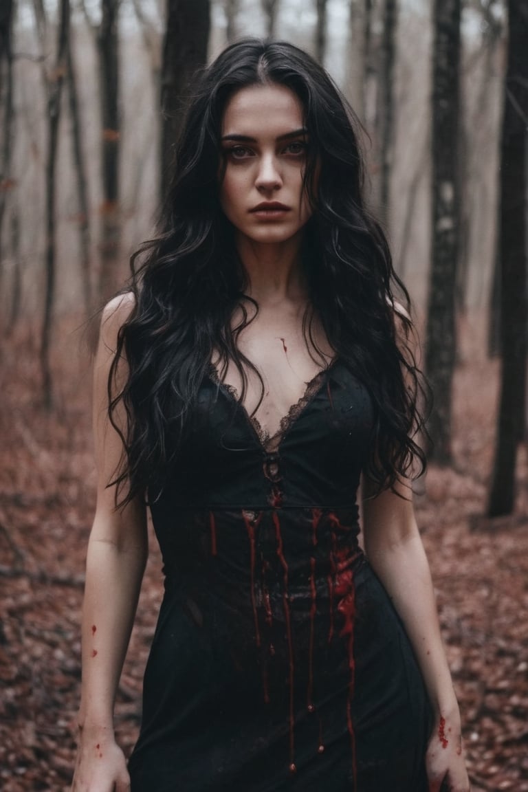 raw realistic cinematic potrait of beautiful girl in black dress, black long wavy hair, light brown eyes,standing in woods, drenched in blood, lethal look, beauty, killing beautiful woman, blood on her face and body grainy cinematic, godlyphoto r3al, detailmaster2, aesthetic portrait, cinematic colors, earthy, moody