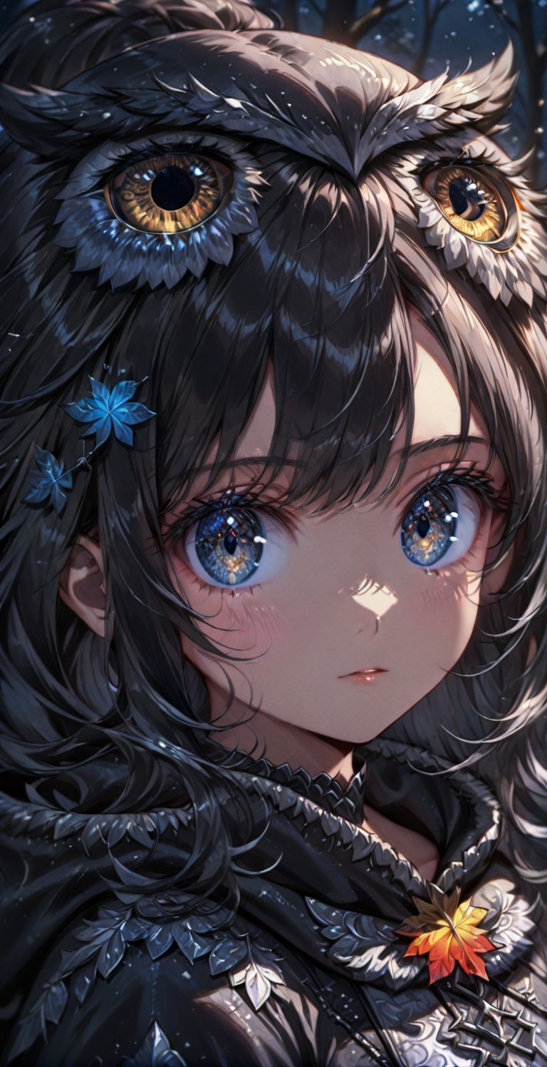 Ultra high resolution, 4K, masterpiece, soft light and shadow, night sky, night, looking into the distance, 1 girl, solo, high detail face, silver color high detail shiny eyes, black shiny fine hair, fair skin, sexy and delicate adventurer costume, detailed owl hood, delicate maple leaf hair accessory, colorful hair, long hair, charming eyes, exquisite facial features, beautiful appearance, forest background, depth of field,