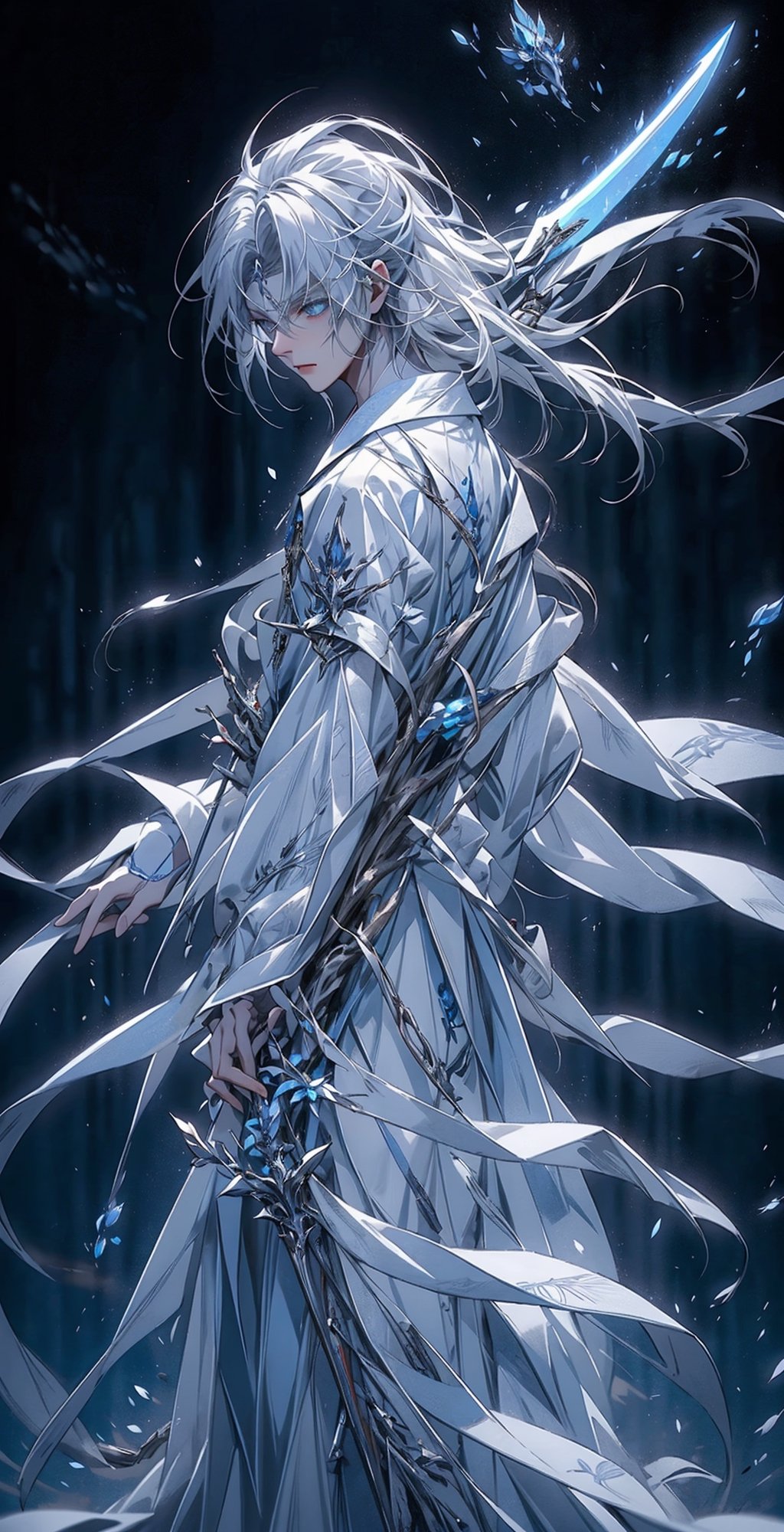 Top 8k CG 1 Blue-eyed boy, front view, blue and white clothes, long white hair, parted in the middle, fairy spirit, swordsmanship, calm, handsome, masterpiece, carrying a coffin behind his back,