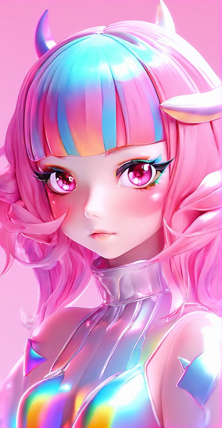 1girl, cute, pastel pink hair, (pastel rainbow eye:0.9), (colorful:0.7), succubus, (masterpiece, best quality, volumetric lighting, dynamic pose, detailed face), (perfect details), (perfect eyes), perfect composition, anime,riesz,holography