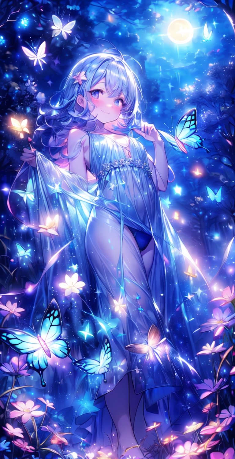 masterpiece, best quality, daytime, masterpiece, best quality, official art, extremely detailed CG uniform 8k wallpaper, night, starry sky, moonlight, moon, mature woman, camera view from below, light blue hair, Pink hair, colored undercoat, long curly hair, seductive smile, blush, sparkling eyes, medium chest, {{{{tight-fitting evening gown filled with blue starry galaxy shimmering}}}, lots of glowing butterfly, {{open breasts}}, {{showing a little underwear}}, park, comics, too ridiculous, unreal, wallpaper, light, photo, album, reality,1boy