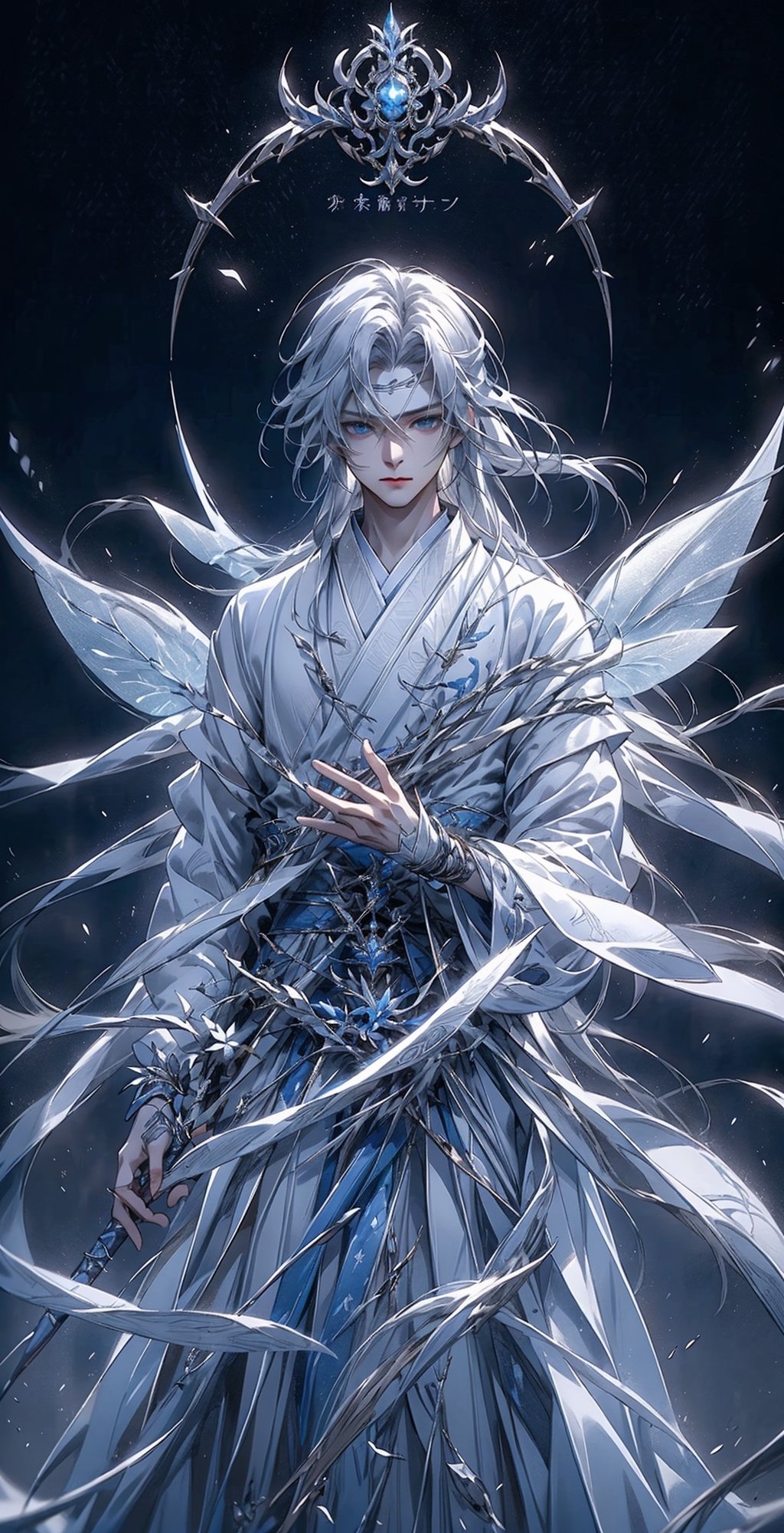Best, 8k, CG, 1 boy, blue eyes, front face, blue and white clothes, long white hair parted in the middle, fairy spirit, fairy sword, cultivating immortality, calmness, handsomeness, masterpiece,yiwenrudao\(xiuxian\)