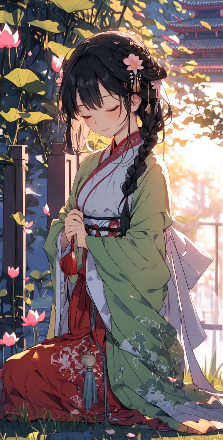 Dusk, sunset, sparkling, black hair, long flowing hair, short side braid, eyes closed, 1girl, medium chest, traditional Chinese costume, lowered in thought, sitting cross-legged, meditating, on the grass, lotus blooms, petals flying, pumping Like background, 8k, ultra high quality, high definition painting, masterpiece, careful composition, GBH,hanfu