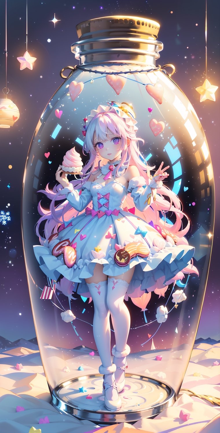 ((((1girl, bright white hair, long hair, purple eyes, pale skin, lolita dress, white dress, short dress, white thigh stockings, small breasts, pale skin, soft skin, rainbow, hearts, pastel, crystals, halo, colorful, doll, pink, purple, blue))))
((sun))
((lots of dolls everywhere))
((background, outside, sakura trees, lake, flowers, Hyacinths, forest, snow, snowing, snowflake, ice))
((light atmosphere))
(fluffy, soft, light, bright, sparkles, twinkle, cute, pink, purple, blue, clouds, pastel, light colors, glitter, happy, normal pupil)
best quality, masterpiece, Detailedface, high_res 8K, candyland, full background, candy, sweets, lollipop, chocolate, ice cream, swirl lollipop, strawberry, ice cream, doughnut, cake, cupcake, balloon, chocolate bar, bubble, cream, whipped cream, dessert, pastry, candy wrapper, icing, teacup, confetti, cotton candy, JAR,masterpiece