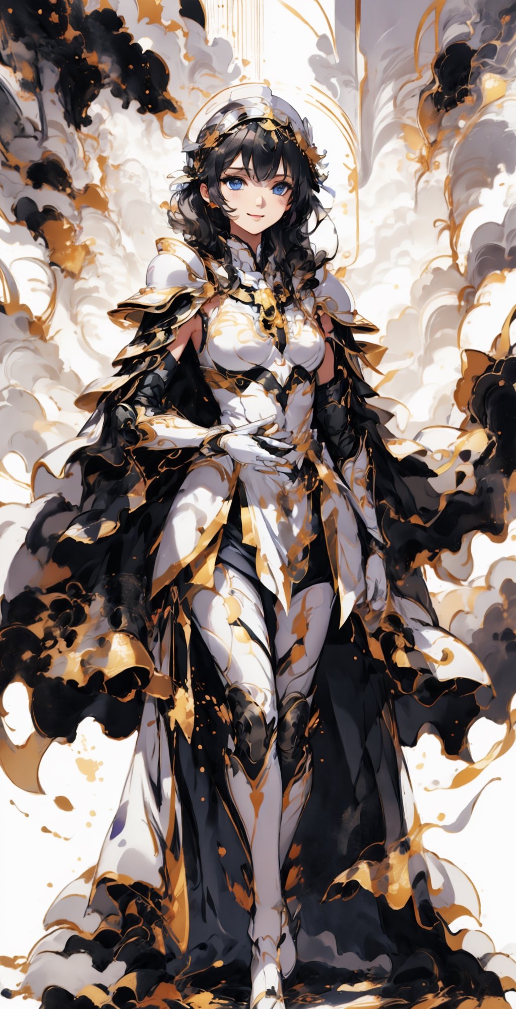 masterpiece, best quality, 8k, photo, master quality, highres, 1girl hairband headdress, blue eyes, beautiful delicate eyes, delicate face, smooth and beautiful hair color, delicate and beautiful sexy white armor, shoulder white armor , cloak, white gloves, white pantyhose, white stockings, sexy posture, magic circle, good figure, medium chest, smile,