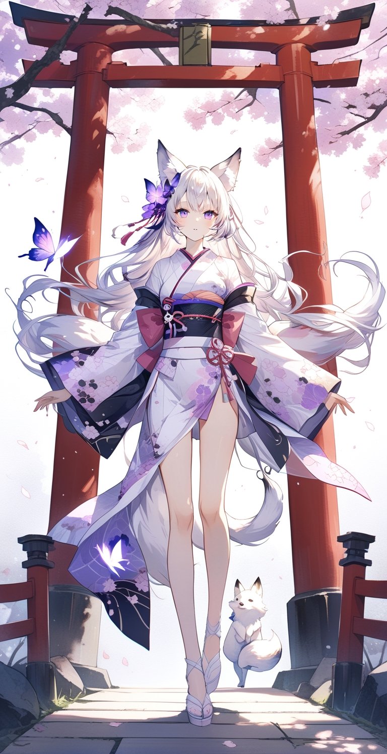 Black and white line drawing, 8k high resolution, ultra high resolution picture quality, masterpiece, boutique, aesthetic, 1girl, demon fox, fox ears, fox fairy, butterfly hair accessory, huge plush fox tail, white hair translucent, light pink kimono , kimono blooming sakura flower pattern, standing on tiptoes, purple eyes, sakura, glowing light spots, huge torii shrine, simple watercolor background, very detailed,black and white