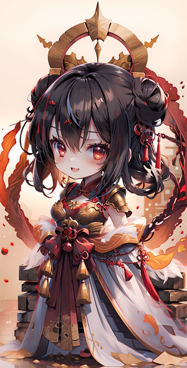 Girl, medium hair, half body shot, light black hair, double bun, determined face, smile, erotic expression, medium breasts, red armor, Chinese armor, stretched, straight body, in sandy wilderness, sunshine, masterpiece, best quality, 8k,Rebellious girl,delicate\(armor\),masterpiece,sanguozhi,chibi