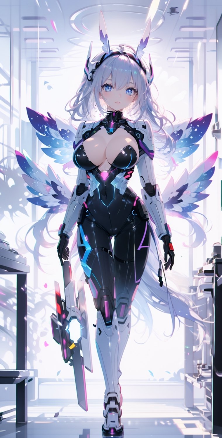 Real strong light and shadow, lovely room, lying on the bed, complex and smooth design, white mecha girl, smooth and tight surface with white red lines, sexy mecha, charming erotic eyes, blue-purple shiny long hair, Exaggerated long hair, smiling at the audience, posing, big breasts, thin waist, blue-violet eyes, feather wings, feather hair accessories, wing ear muffs, laser technology, many feathers flying, denim lenses, masterpiece, high definition, 8k, comic master , high resolution, exquisite fingers, exquisite composition,