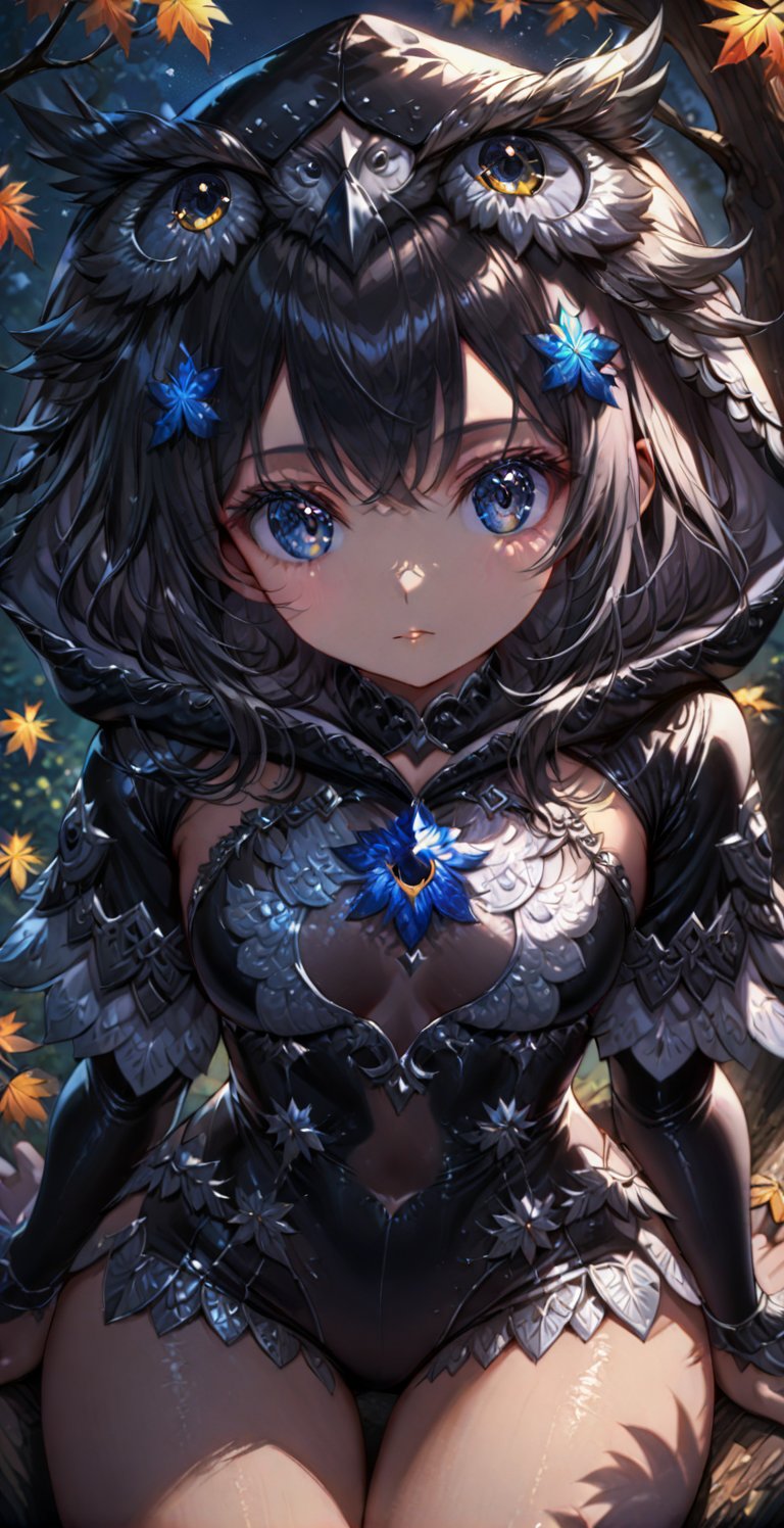 Ultra High Resolution, 4K, Masterpiece, Soft Light and Shadow, Night Sky, Night, Looking into the Distance, 1 Girl, Solo, High Detailed Face, Silver High Detailed Shiny Eyes, Black Shiny Detailed Fine Hair, Fair Skin , sexy and delicate adventurer costume, detailed owl hood, exquisite maple leaf hair accessories, colorful hair, long hair, charming eyes, exquisite facial features, beautiful appearance, medium chest, perfect slim figure, sitting on a big tree branch above, holding hands on tree trunk, forest background, depth of field,