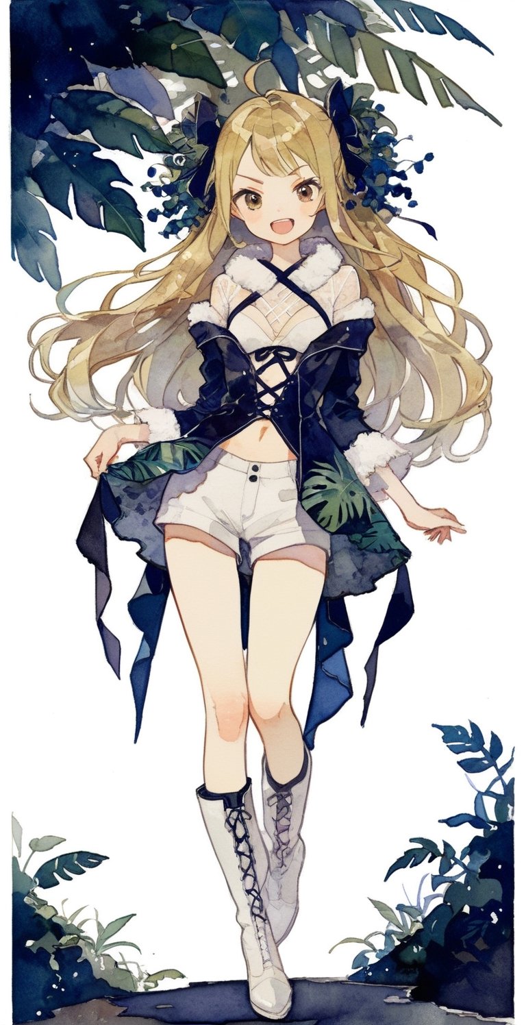 masterpiece, best quality, aesthetic,watercolor \(medium\), Tupinipunk, 1girl,Walking with an exaggerated hip swing, Lyco art , Lace-up bikini with a crisscross front and a tropical leaf print, :d, ahoge, blonde hair, boots, brown eyes, dress, full body, fur trim, fur-trimmed sleeves, hair ribbon, jacket, long hair, long sleeves, looking at viewer, open mouth, ribbon, sidelocks, smile, solo, standing, standing on one leg, teeth, upper teeth only, v-shaped eyebrows, very long hair, white dress, white footwear, white shorts