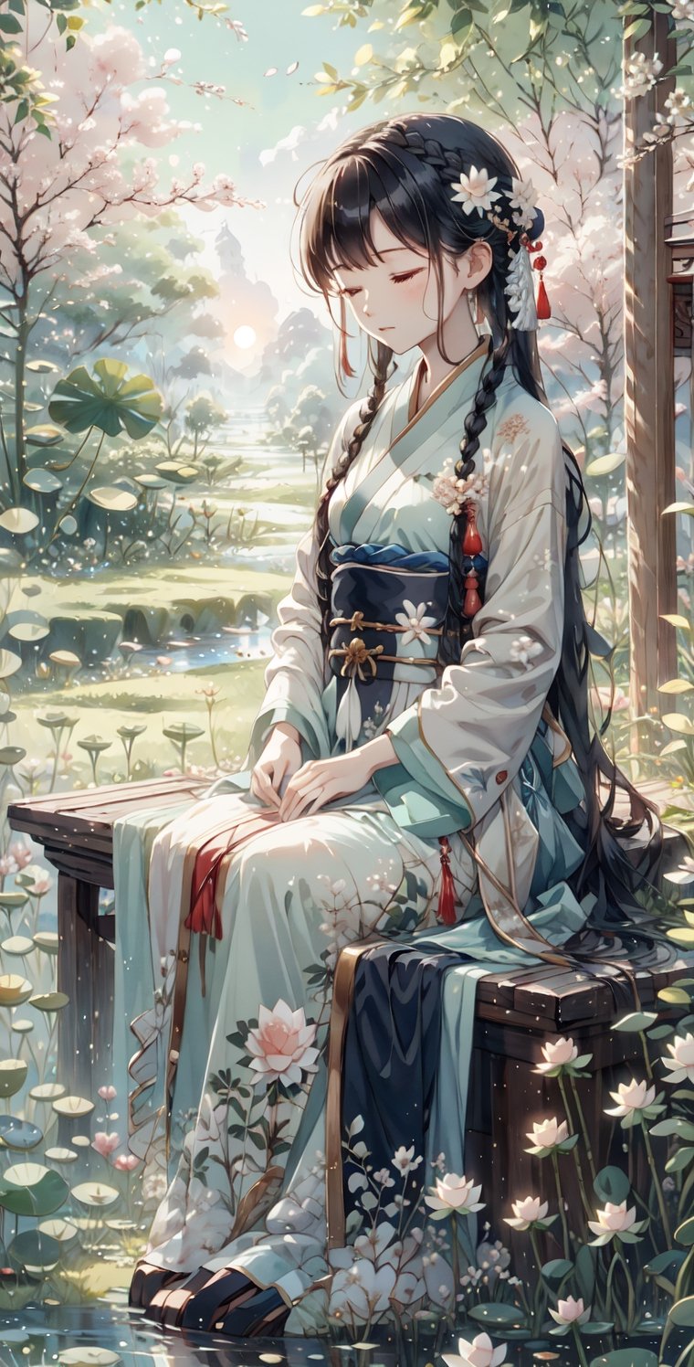Dusk, sunset, sparkling, black hair, long flowing hair, short side braid, eyes closed, 1girl, medium chest, traditional Chinese costume, lowered in thought, sitting cross-legged, meditating, on the grass, lotus blooms, petals flying, pumping Like background, 8k, ultra high quality, high definition painting, masterpiece, careful composition, GBH,hanfu,yatsen,CrclWc