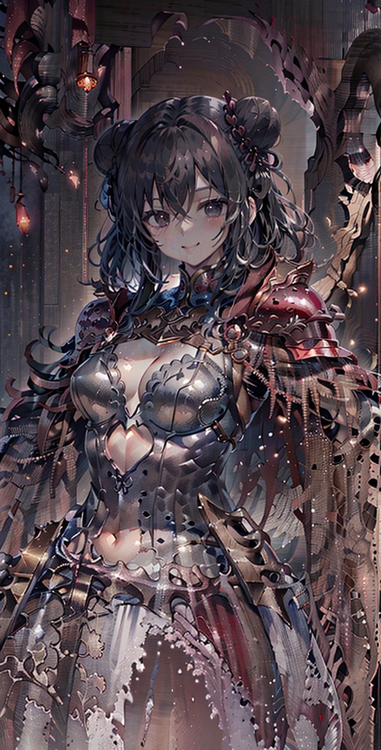 Girl, medium hair, half body shot, light black hair, double bun, determined face, smile, erotic expression, medium breasts, red armor, Chinese armor, stretched, straight body, in sandy wilderness, sunshine, masterpiece, best quality, 8k,Rebellious girl,delicate\(armor\),masterpiece