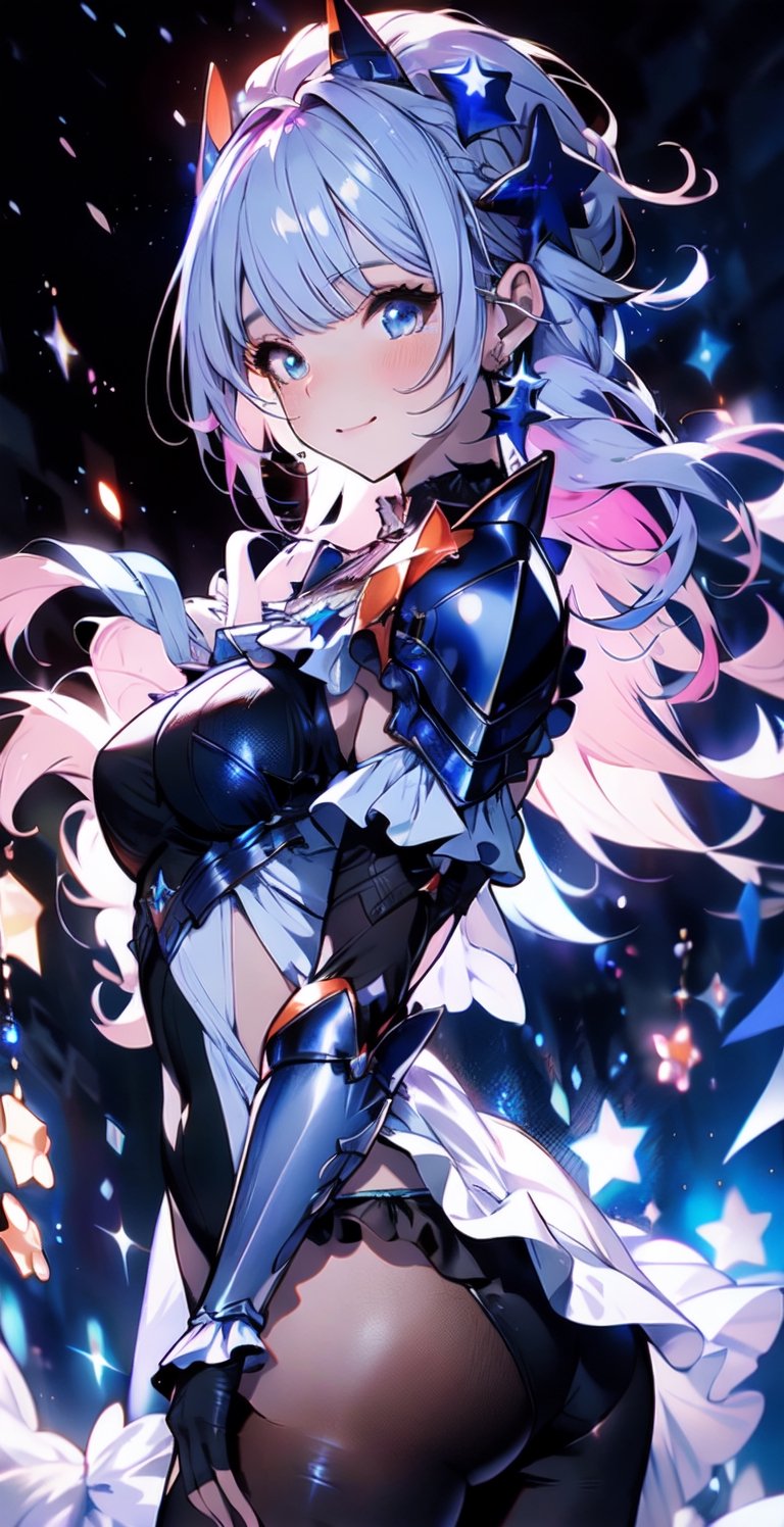 masterpiece, best quality, daytime, masterpiece, best quality, official art, extremely detailed CG uniform 8k wallpaper, night, starry sky, moonlight, moon, mature woman, camera view from below, light blue hair, Pink hair, colored undercoat, long curly hair, seductive smile, blush, sparkling eyes, medium chest, {{{{dark blue armor with twinkling stars in the blue sky}}}, many glowing points of light, {{open breasts}},{{showing a little underwear}}, comics, too ridiculous, unreal, wallpaper, light, photo, album, reality,medieval armor,marb1e4rmor,marble,frilled shirt collar,midjourney