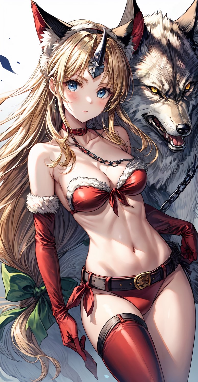 riesz, fenrir knight, blonde hair, blue eyes, very long hair, low-tied long hair, eyebrows visible through hair, parted bangs, sidelocks, hair bow, green bow, fur trim, single horn, wolf ears, hairband, chain, wolf, wolf pelt, red bikini, red gloves, side-tie bikini, elbow gloves, single thighhigh, belt, red legwear, thigh boots