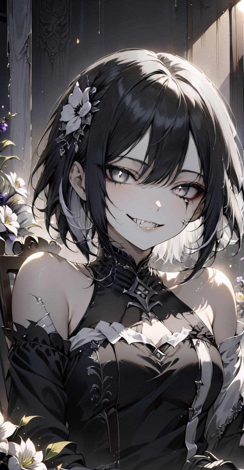 Looking at the audience, masterpiece, soft lighting, black hair mixed with white hair, black hair with white highlights, open top, exposed shoulders, 1girl, silver eyes, gauze, evil smile, showing small canine teeth, upper body, Closed mouth, flowers, female focus, solo focus, sitting on chair, \(flower\)