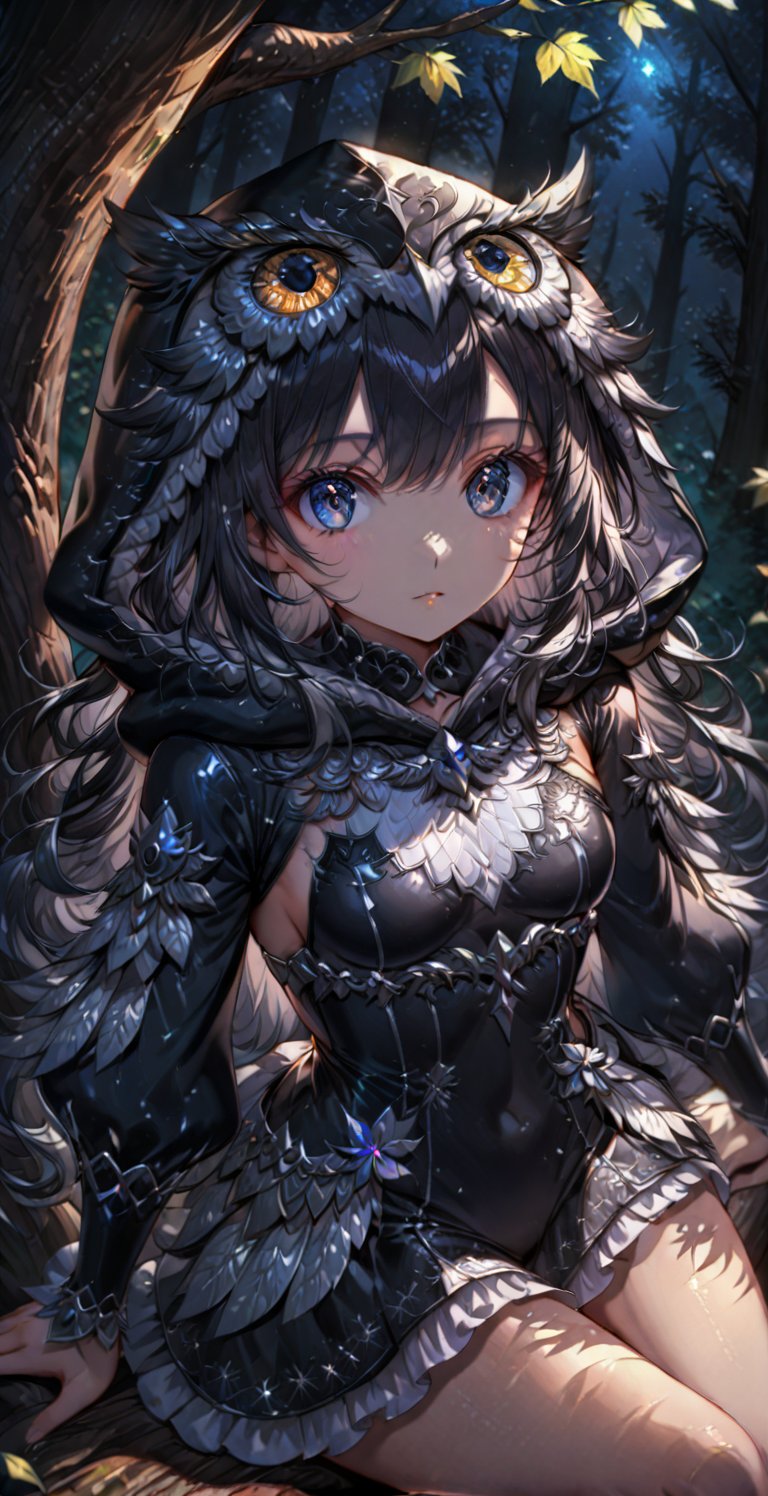 Ultra High Resolution, 4K, Masterpiece, Soft Light and Shadow, Night Sky, Night, Looking into the Distance, 1 Girl, Solo, High Detailed Face, Silver High Detailed Shiny Eyes, Black Shiny Detailed Fine Hair, Fair Skin , sexy and delicate adventurer costume, detailed owl hood, exquisite maple leaf hair accessories, colorful hair, long hair, charming eyes, exquisite facial features, beautiful appearance, medium chest, perfect slim figure, sitting on a big tree branch above, holding hands on tree trunk, forest background, depth of field,