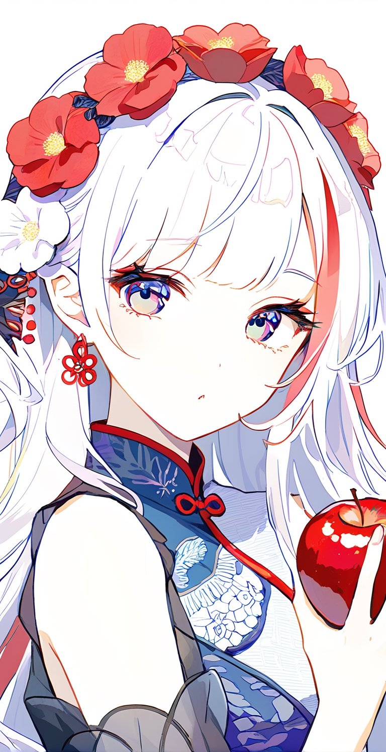 Solo, looking at audience, long hair, shut up, white hair, 1 woman, right blue eye, left purple eye, red hair, female focus, multicolored hair, intricate hair accessories, wearing white cheongsam, two-toned hair , variegated, ochia color hair, beautiful girl, NIJI girl style, anime, looking at viewer, holding a red apple in hand, biting the apple, white flowers on the background