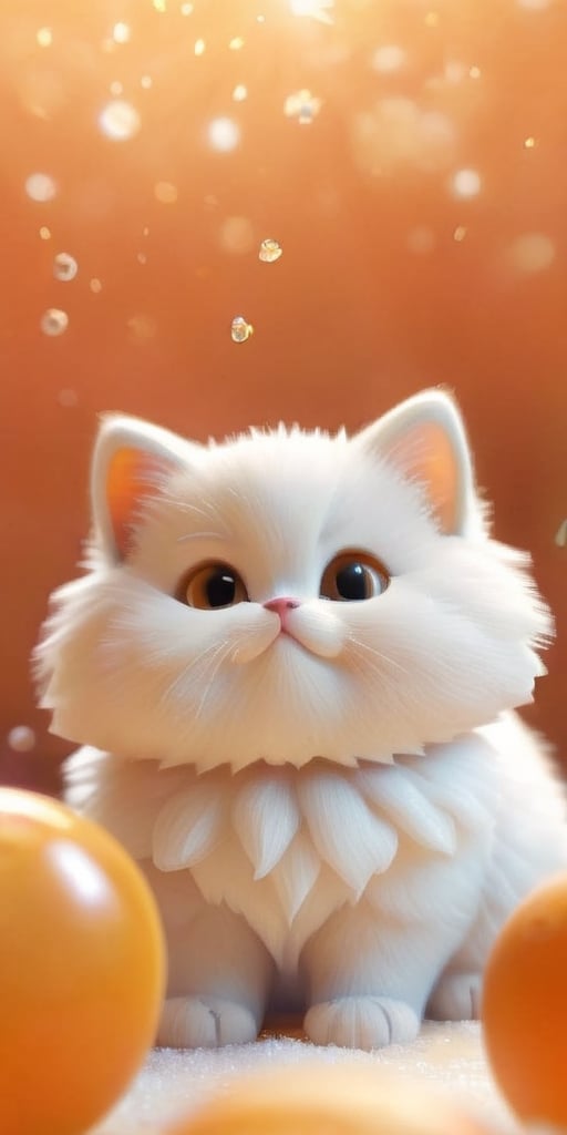 ((Cut out toy), (3D orange mixed white kitten)) Close up angle surrounded by sparkling dream bubbles, animal, detailed focus, fluffy fluffy kitten, deep bokeh, beautiful, warm and sweet cute background with many cat shaped cookies. Visually pleasing, 3D, more details XL, Chibi, kawaiitech
