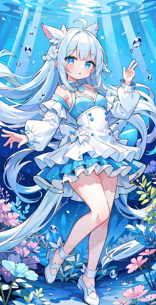 (Masterpiece, best quality, high resolution: 1.3), super high resolution image, (1girl), (solo), kawaii, white hair, long hair, blue and white dress, wonderland, sunshine, colorful, underwater world , dream, blue filter, dance