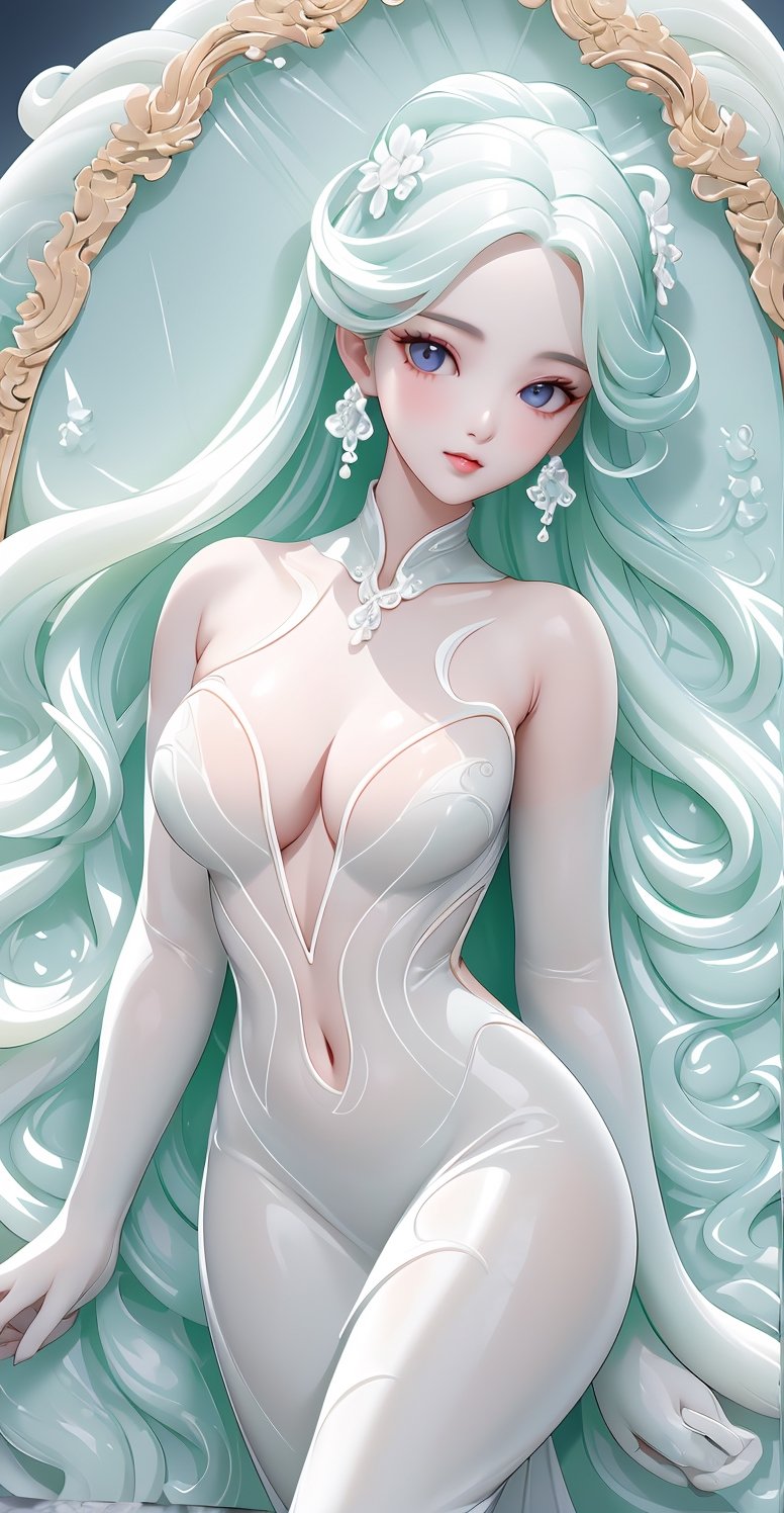 all white porcelain,ceramic evening gown,glass porcelain,full body,best quality,extremely detailed,8k wallpaper,masterpiece,super detailed,best shadows,detailed background,beautifully detailed face,white porcelain hair,beautifully detailed Eyes, perfect body, perfect legs, best and excellent lighting, extremely refined beauty, 1girl, jade structure, flawless white porcelain body,