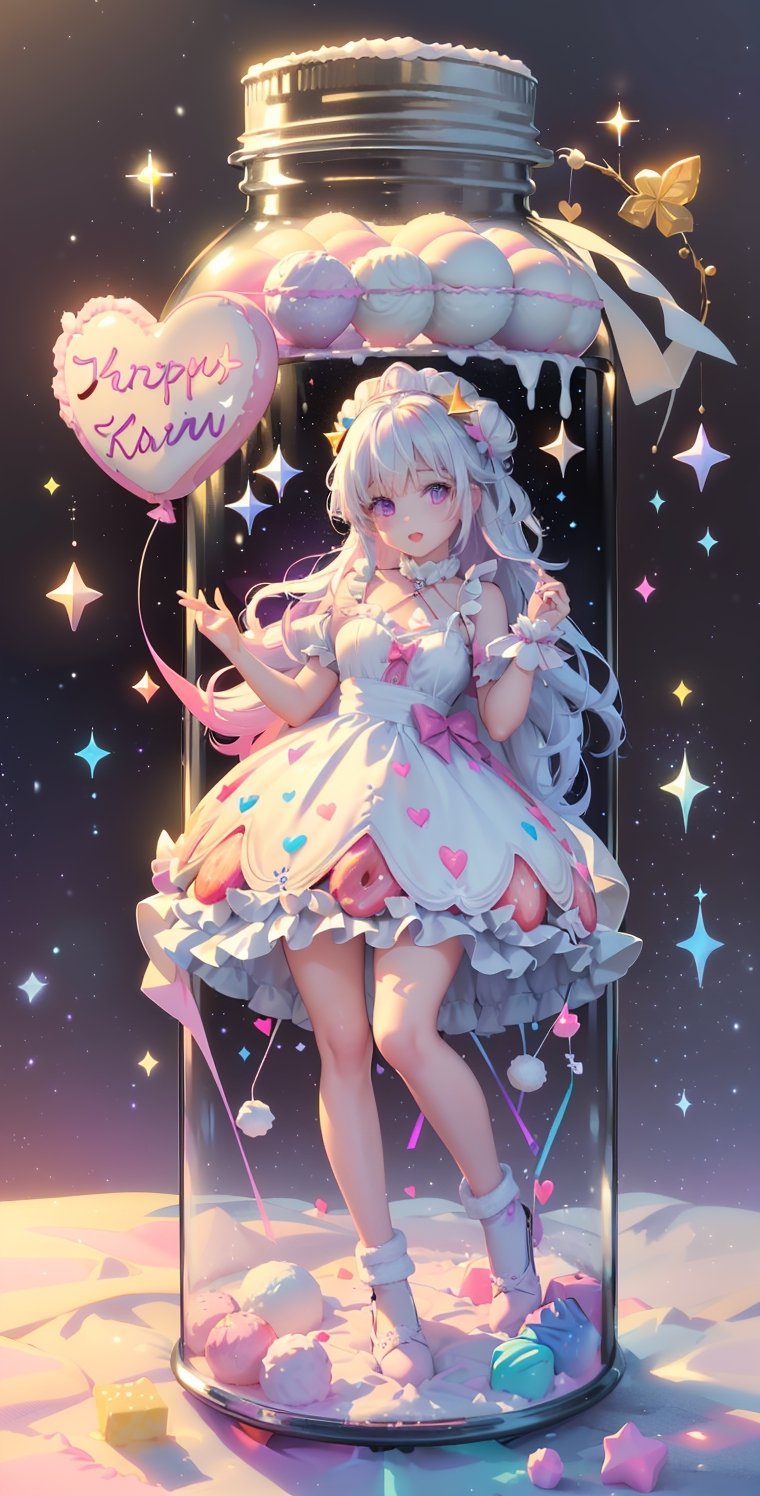 ((((1girl, bright white hair, long hair, purple eyes, pale skin, lolita dress, white dress, short dress, white thigh stockings, small breasts, pale skin, soft skin, rainbow, hearts, pastel, crystals, halo, colorful, doll, pink, purple, blue))))
((sun))
((lots of dolls everywhere))
((background, outside, sakura trees, lake, flowers, Hyacinths, forest, snow, snowing, snowflake, ice))
((light atmosphere))
(fluffy, soft, light, bright, sparkles, twinkle, cute, pink, purple, blue, clouds, pastel, light colors, glitter, happy, normal pupil)
best quality, masterpiece, Detailedface, high_res 8K, candyland, full background, candy, sweets, lollipop, chocolate, ice cream, swirl lollipop, strawberry, ice cream, doughnut, cake, cupcake, balloon, chocolate bar, bubble, cream, whipped cream, dessert, pastry, candy wrapper, icing, teacup, confetti, cotton candy, JAR,masterpiece