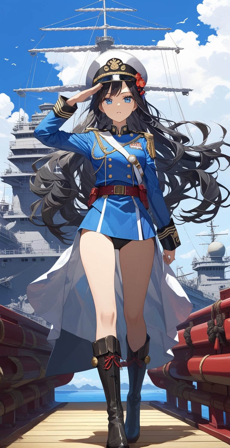 , masterpiece, boutique, beauty, 1girl, solo, serious expression, white military uniform, white military uniform, 20-year-old woman, standing, saluting, black hair, white hat, long hair flying, hourglass figure, thin waist, (model picture), (whole body), perfect legs, perfect hands, military boots, blue eyes, blue sky, blooming plum blossoms, on a warship, beautiful, (中\), very detailed,