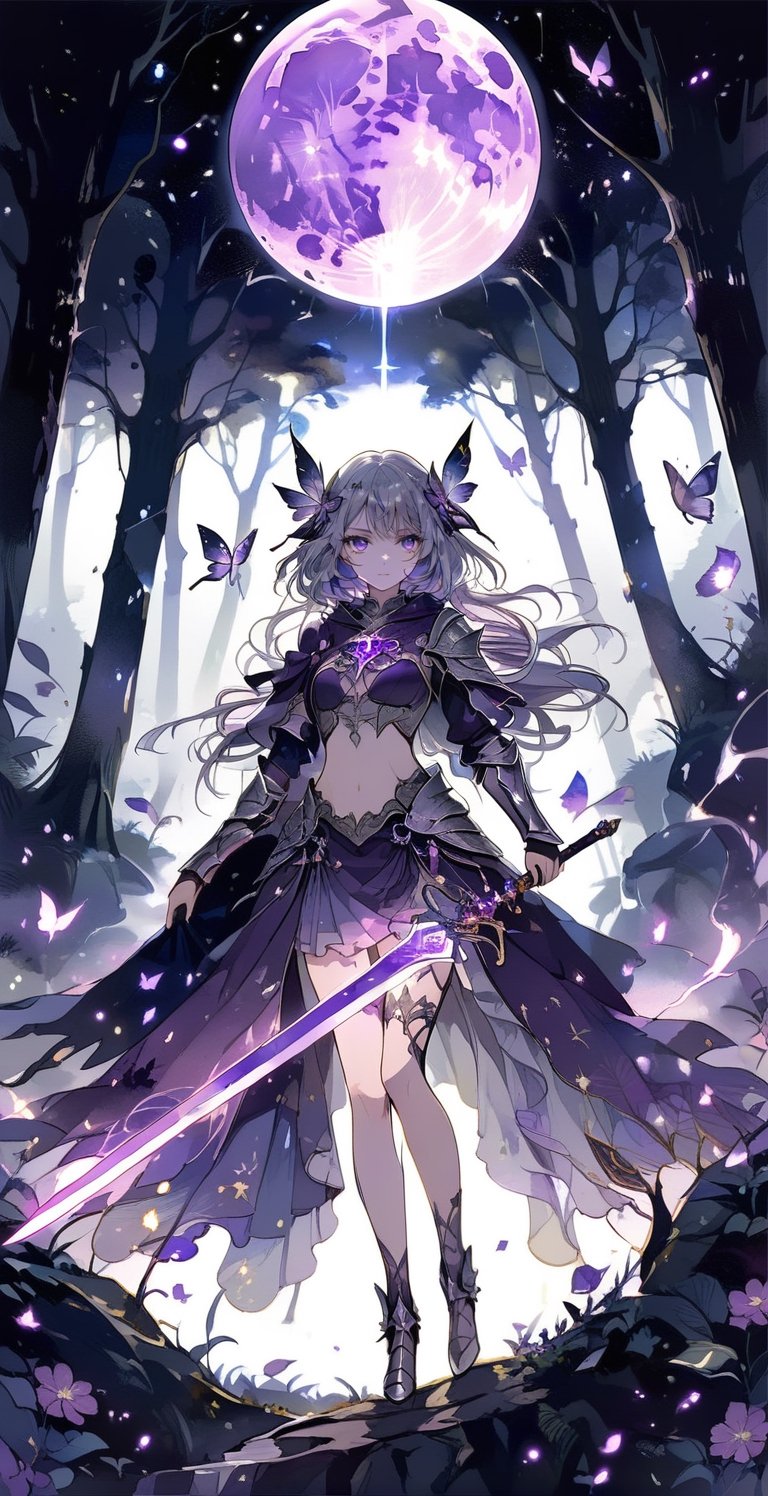 masterpiece, best, aesthetic, glowing sword, 1girl, solo, sefer, sword holding, purple glowing sword, tarot cards, dark paladin, 20 something woman, standing, white hair, messy hair, silver armor , exposed navel, purple skirt, purple cloak, purple eyes, night, moon, forest, purple flowers, purple magic butterfly, beauty, watercolor\(center\), very detailed