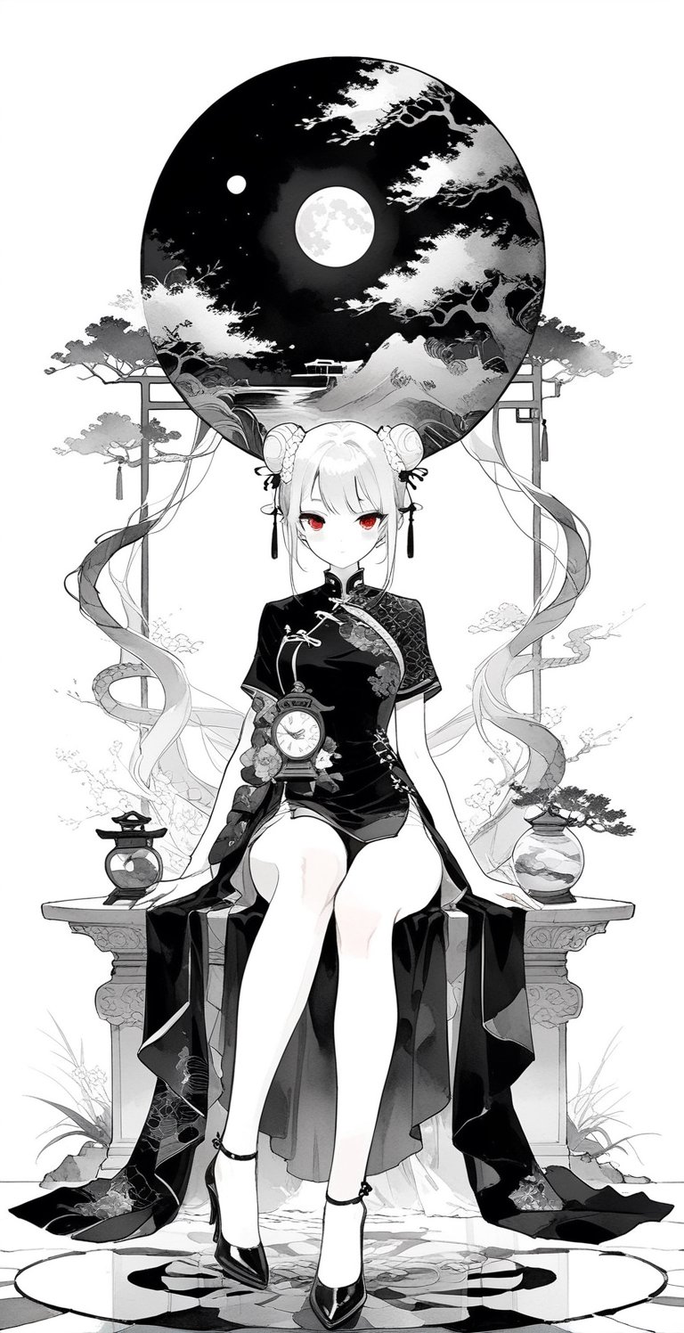 Black and white line drawing, only the eyes have color, masterpiece, boutique, aesthetic, 1girl, solo, tarot cards, cheongsam, 20-year-old woman, sitting down, white hair, double bun, ball head, hourglass figure, thin waist, (model Picture), (full body), perfect legs, perfect hands, high heels, red eyes, night, moon, river, flowers, Chinese dragon pattern, beautiful woman, simple watercolor background \(center\), very detailed, black and white,scenery